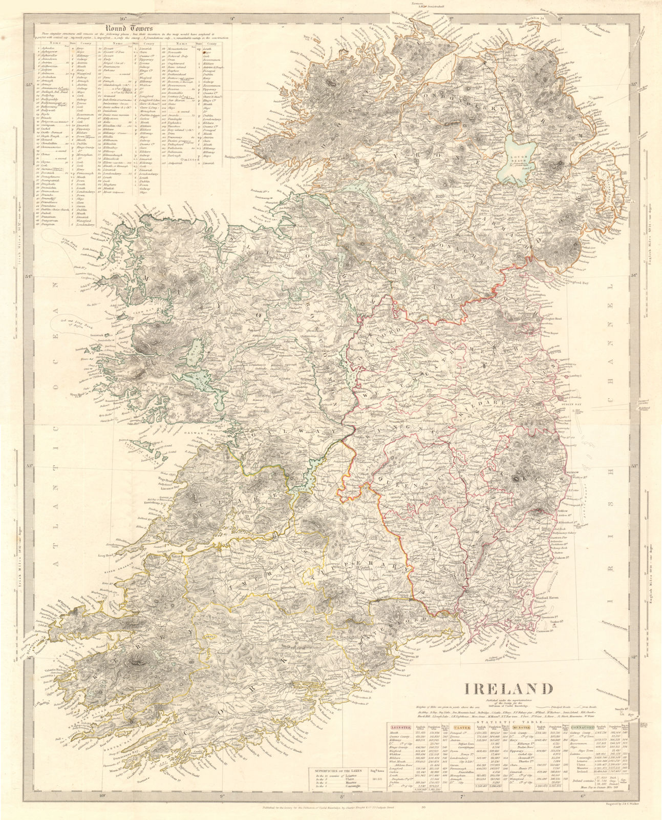 Associate Product IRELAND on 2 sheets conjoined 50x62cm. Round towers Cloigthithe. SDUK 1845 map