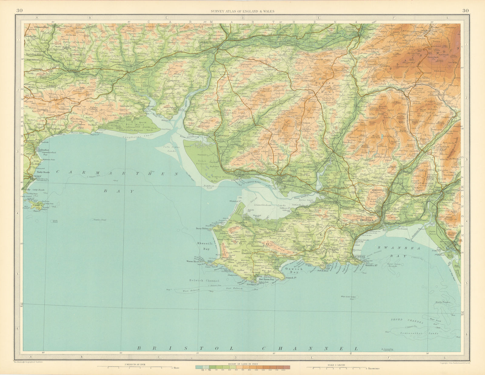 Associate Product SOUTH WALES Swansea Carmarthen Gower Llanelly Neath Tenby. LARGE 1939 old map