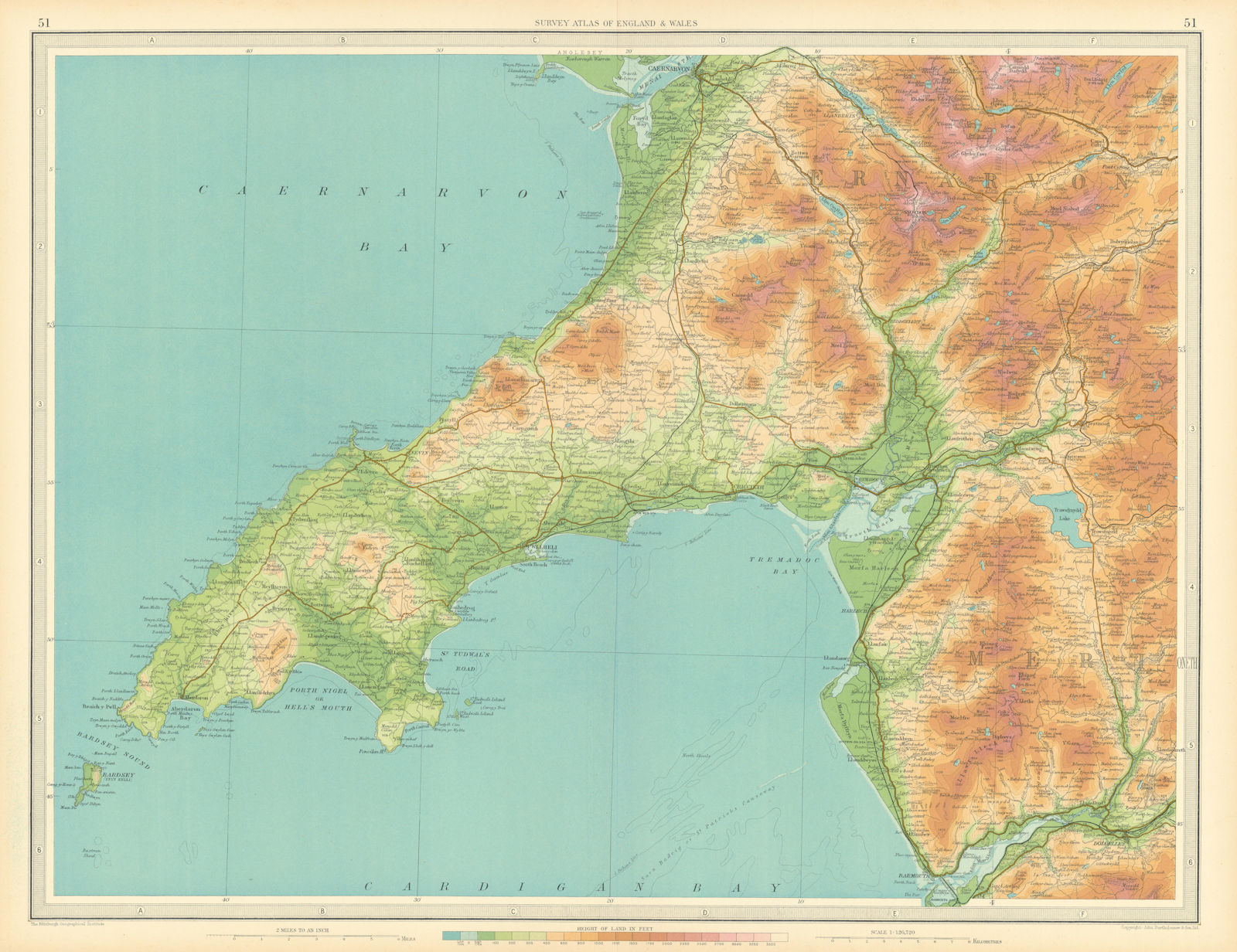 LLŶN/LLYN PENINSULA & SNOWDONIA Wales Caernarvon Porthmadog. LARGE 1939 map