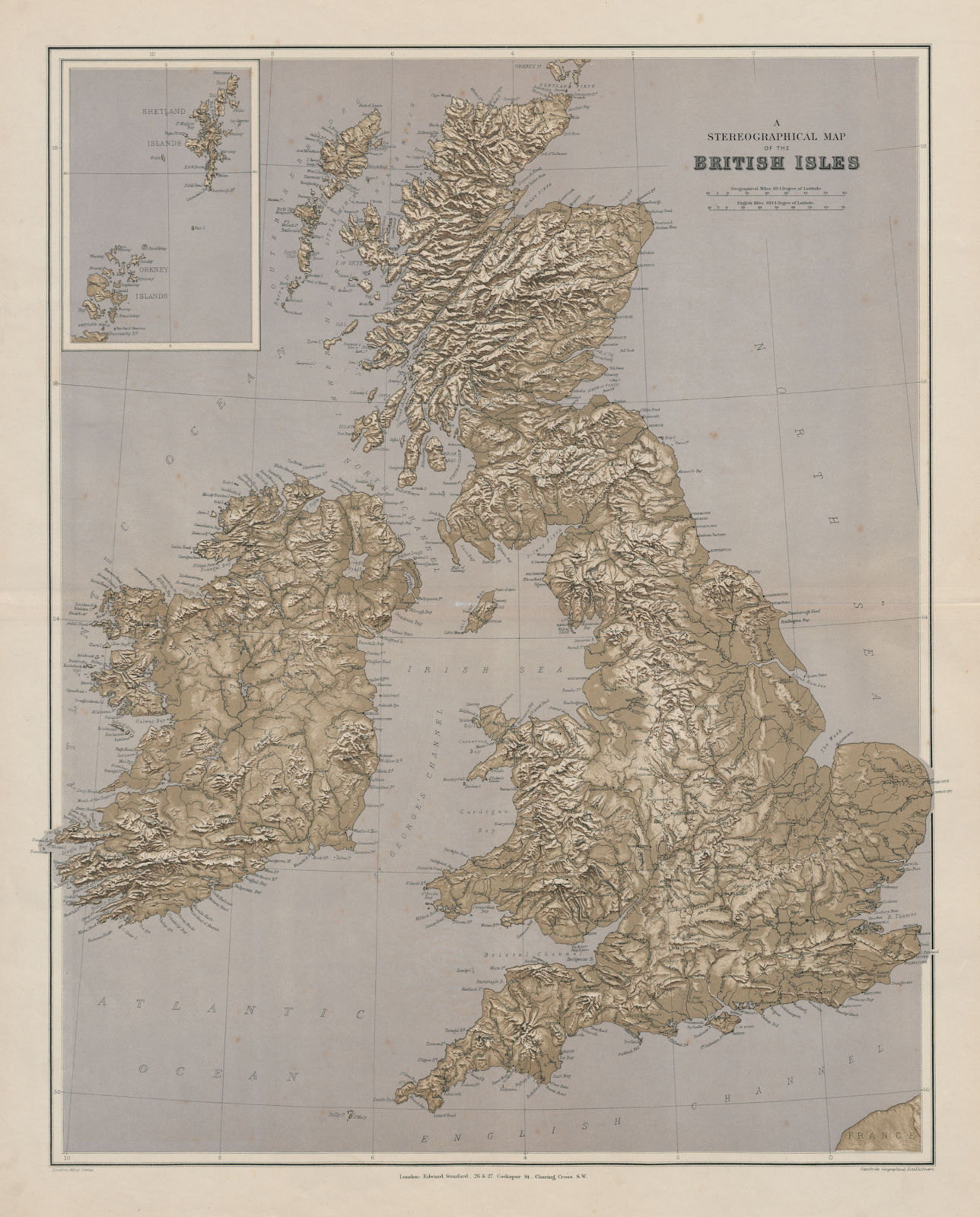 Associate Product British Isles Stereographical. Mountains rivers. Large 65x52cm STANFORD 1894 map