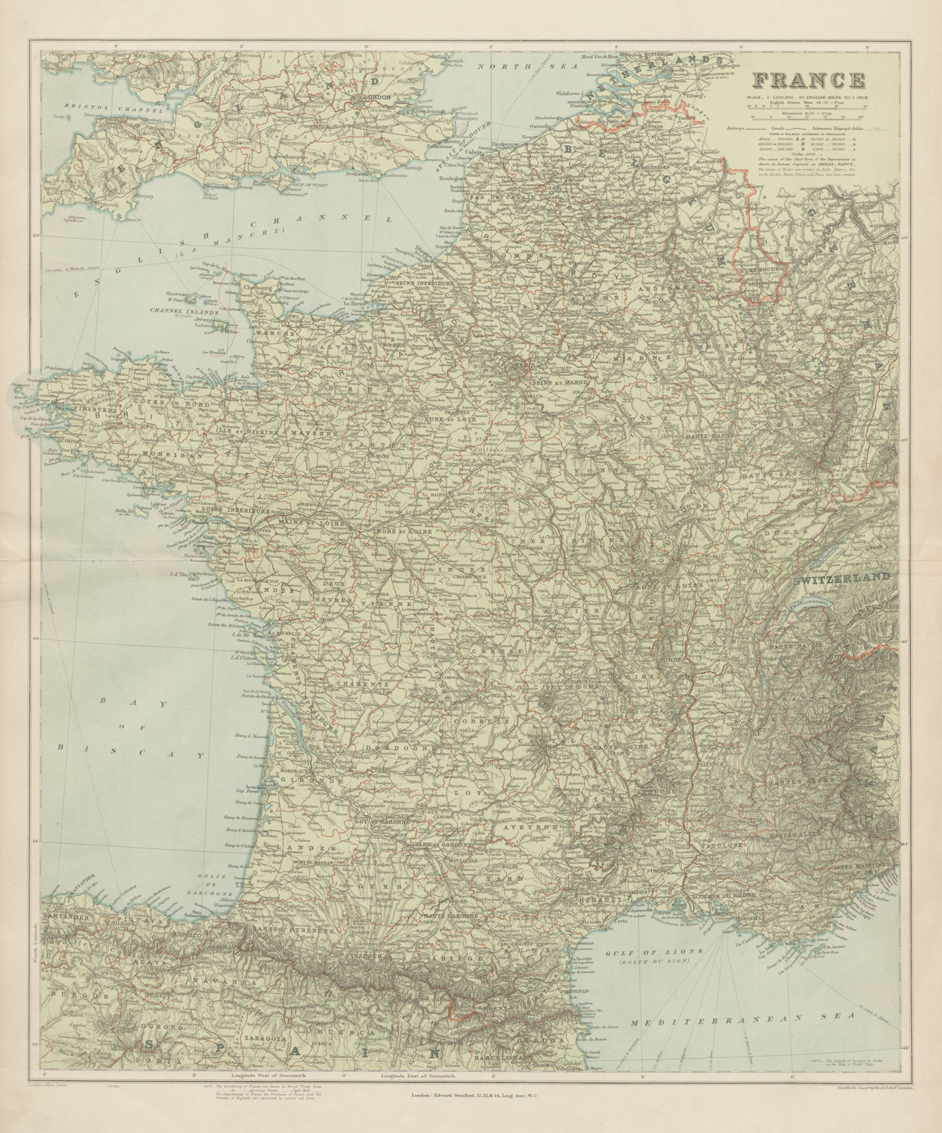 Associate Product France physical. Mountains & rivers. Large 66x55cm. STANFORD 1904 old map
