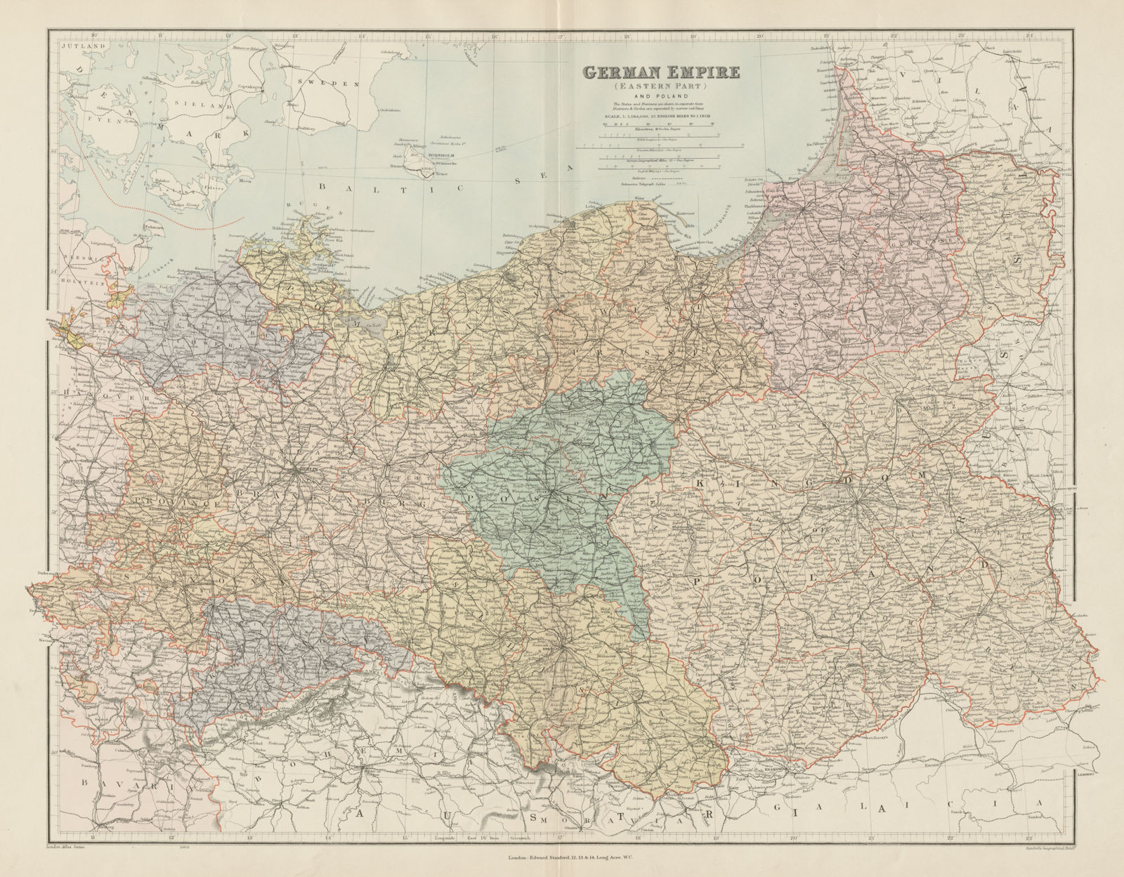 German Empire (eastern part) and Poland. Large 66x52cm. STANFORD 1904 old map
