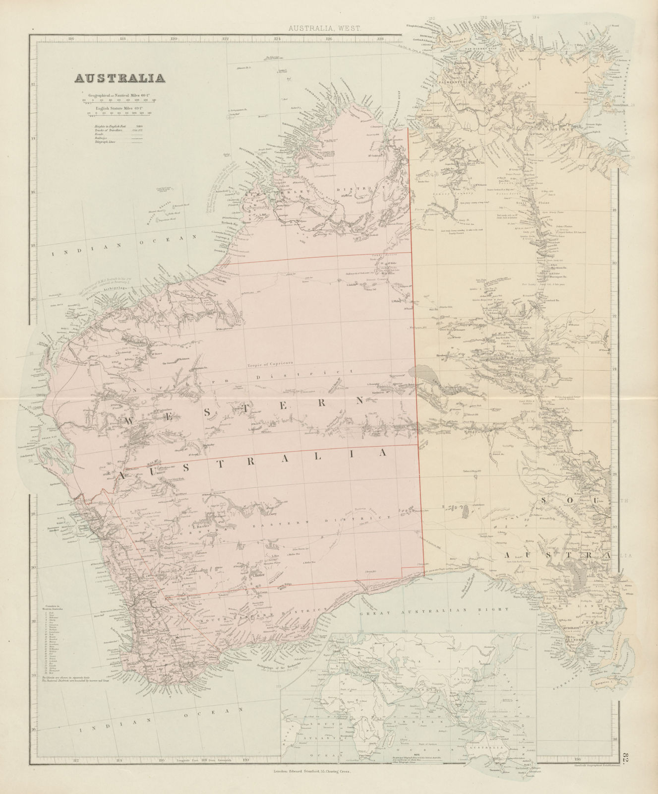 Associate Product Western Australia. Districts. Explorers' routes. Large 66x55cm STANFORD 1887 map