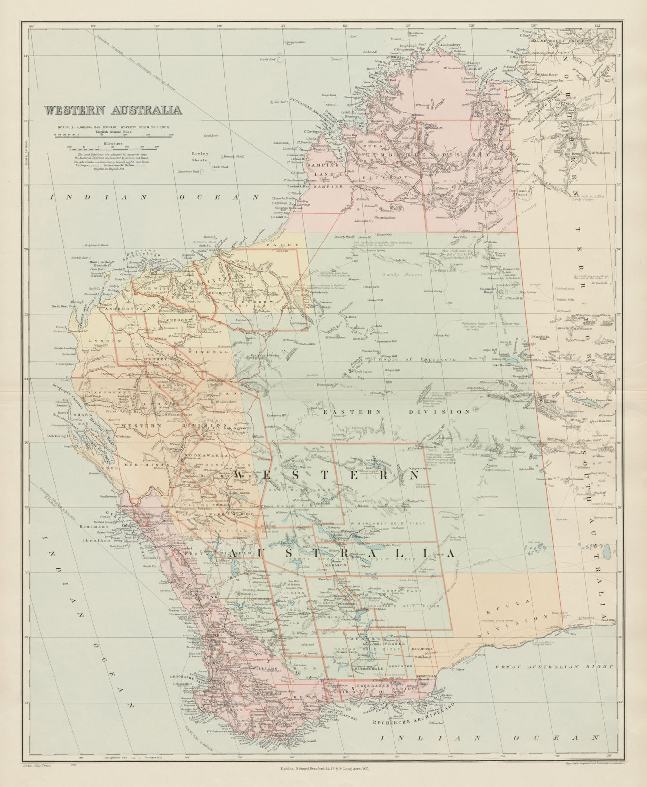 Western Australia. Explorers' routes. Landscape observations. STANFORD 1904 map