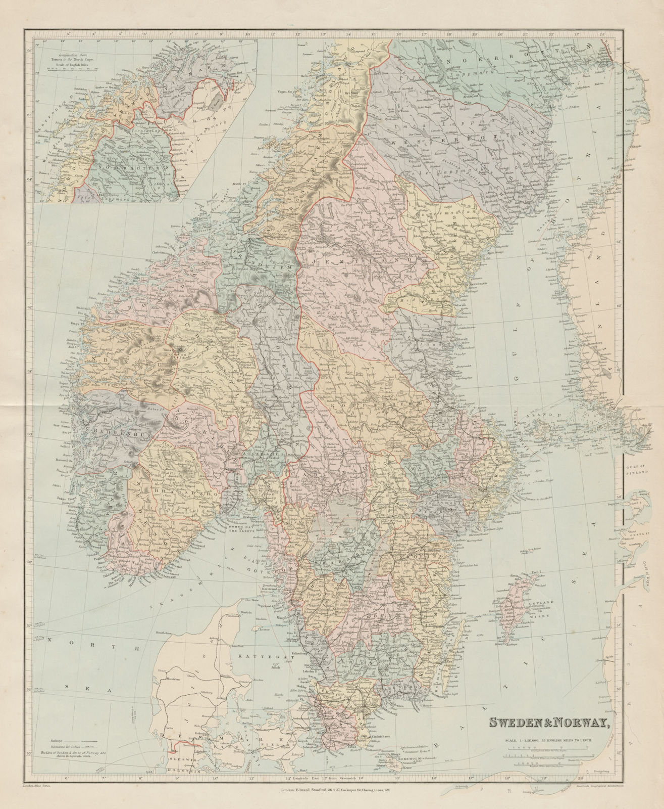 Scandinavia political divisions. Sweden Lims. Norway Amts. STANFORD 1894 map