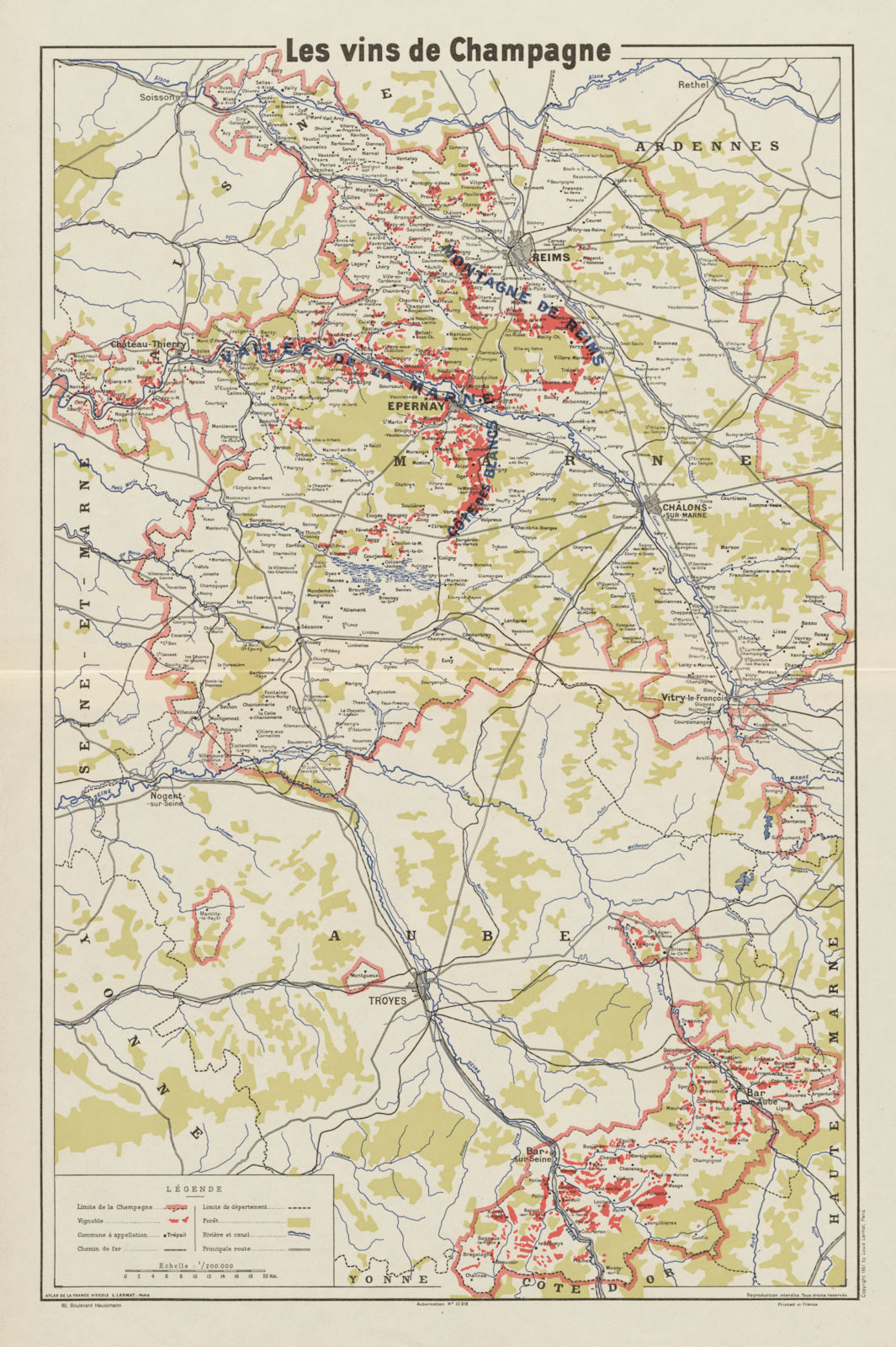 Associate Product CHAMPAGNE WINE/VINS MAP Carte Générale showing vignobles vineyards. LARMAT 1951
