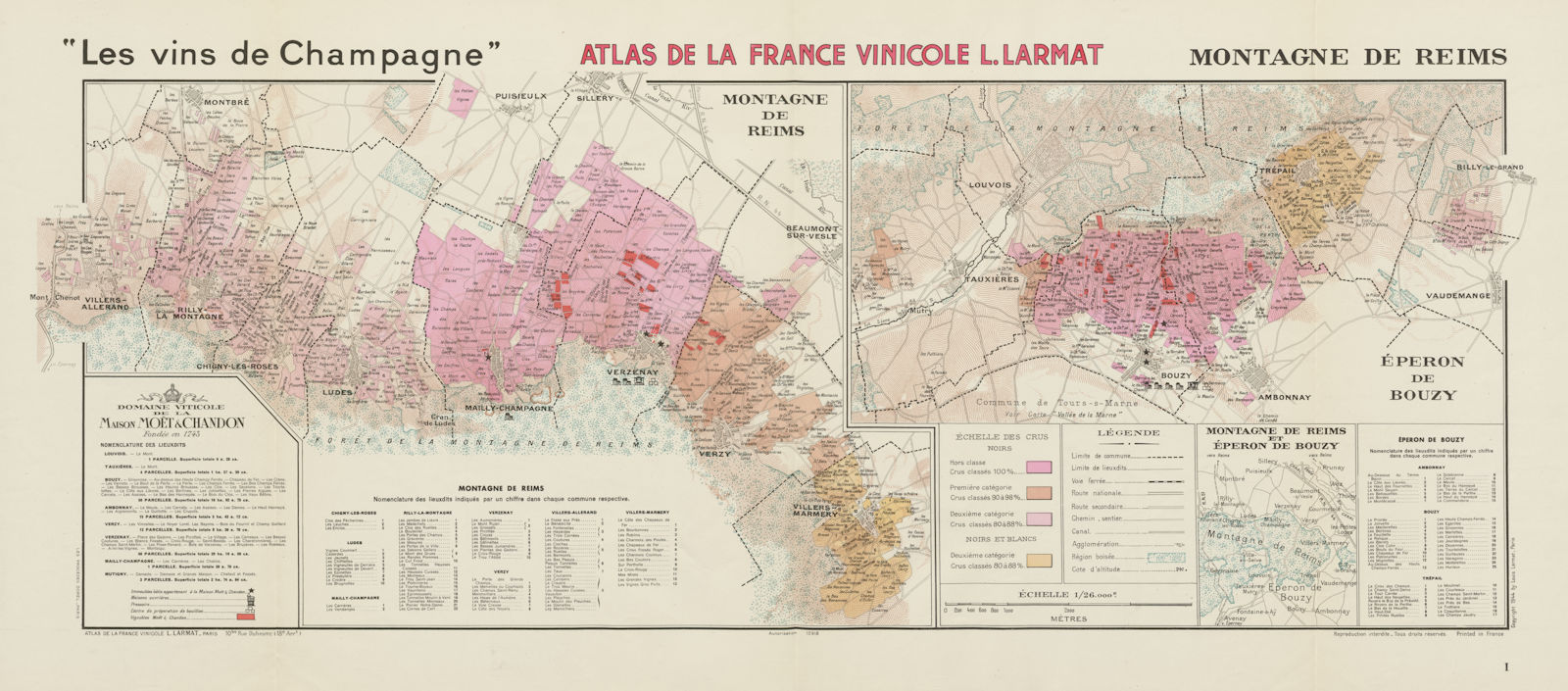 Associate Product CHAMPAGNE VINEYARD MAP Montagne de Reims Moët & Chandon Éperon Bouzy LARMAT 1944