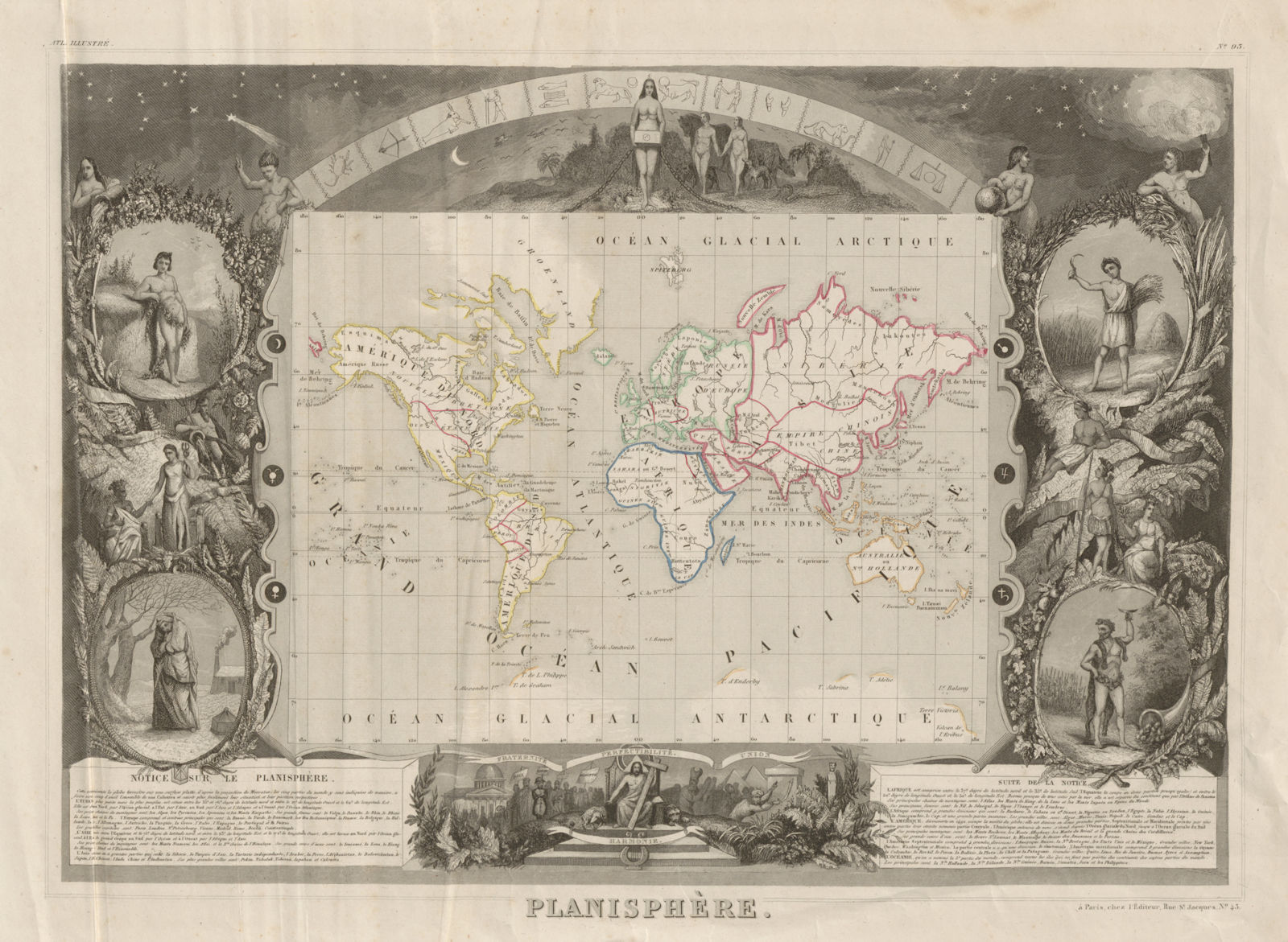 PLANISPHERE. World. Decorative antique map/carte by Victor LEVASSEUR c1854