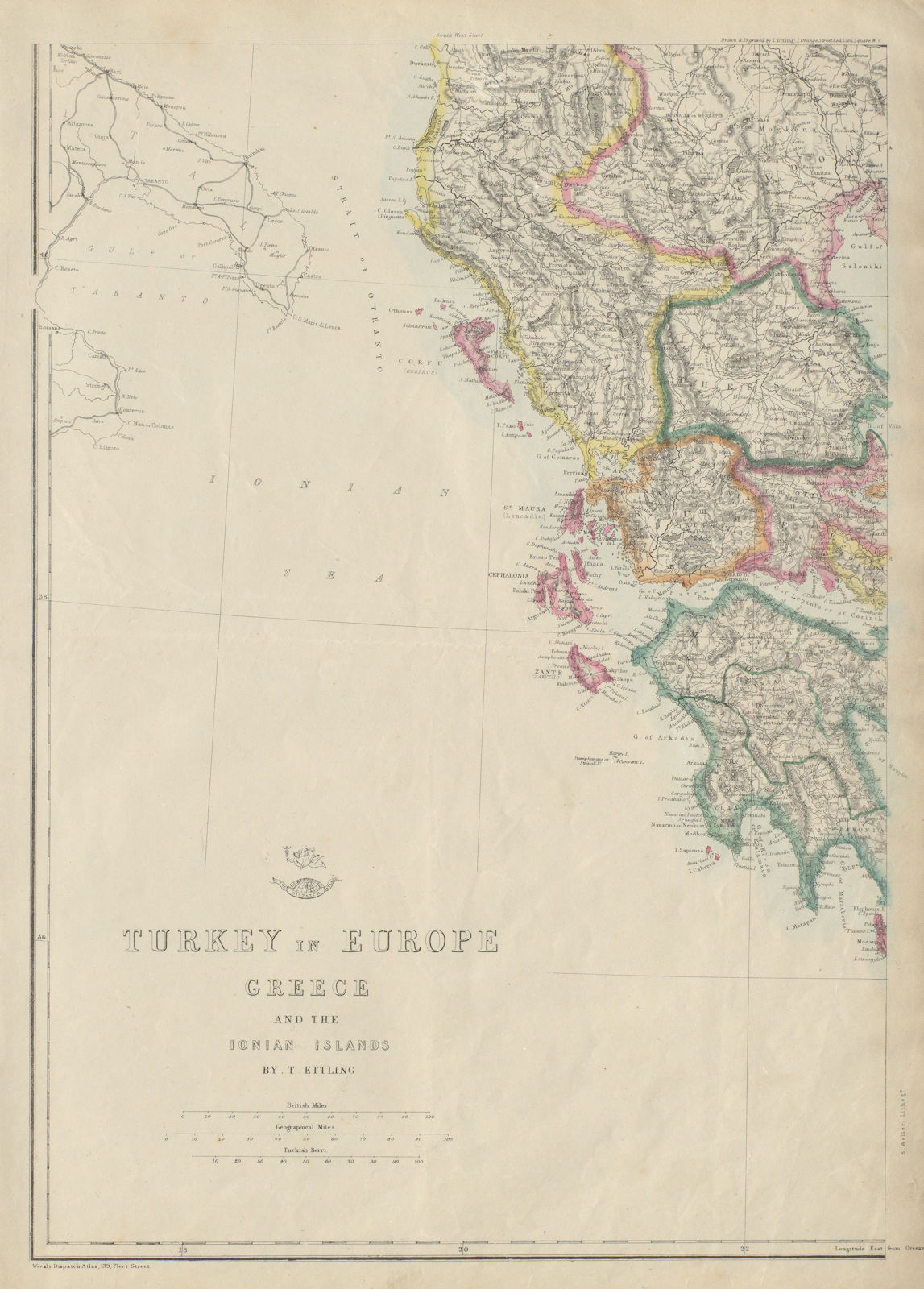 WESTERN GREECE Turkey in Europe Ionian Islands Corfu Zante. ETTLING 1863 map