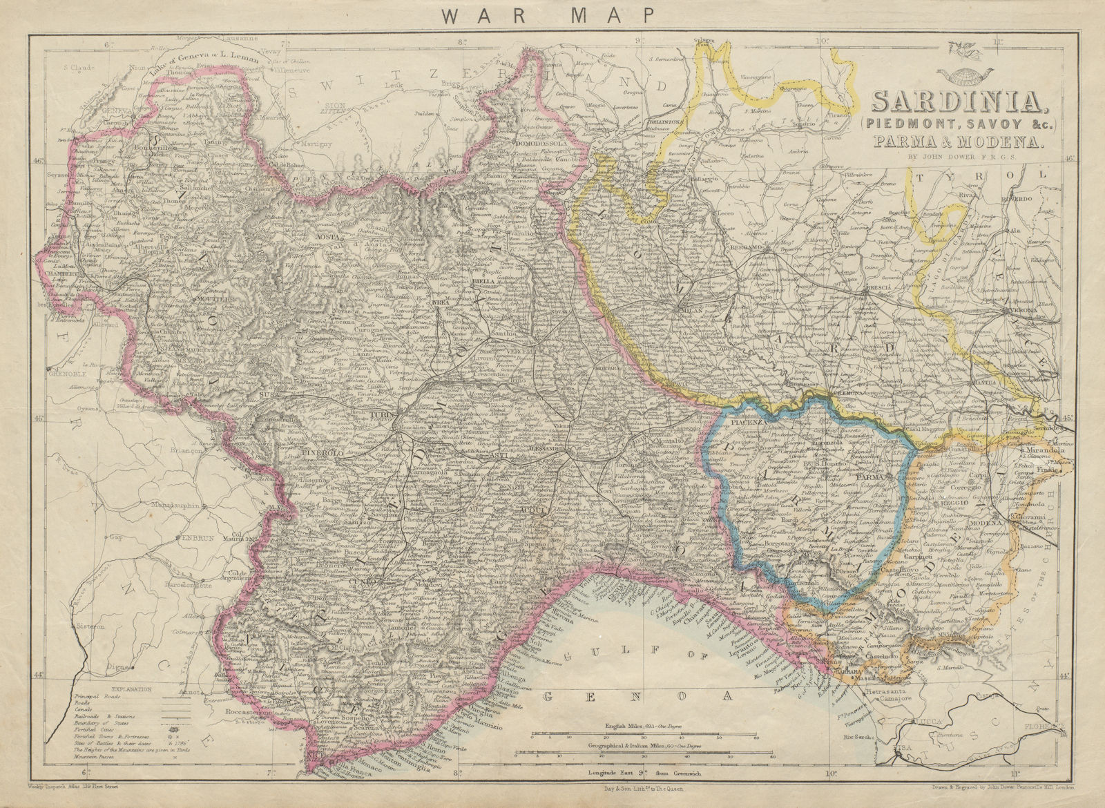KINGDOM OF SARDINIA. War map. Piedmont Savoy Parma Modena Nice. DOWER c1859