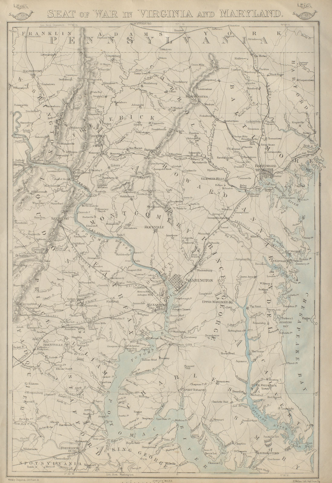 Associate Product US CIVIL WAR Seat of War in Virginia & Maryland. DC Baltimore. WELLER 1863 map