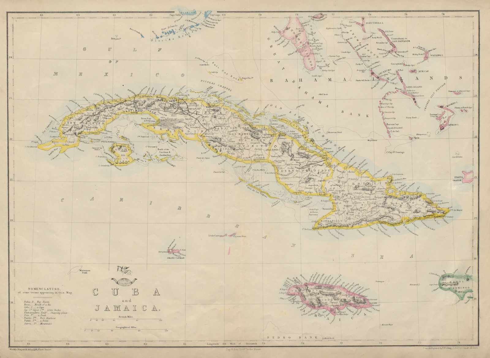 CUBA & JAMAICA. Bahamas, Cayman Islands & Florida Keys. ETTLING 1863 old map