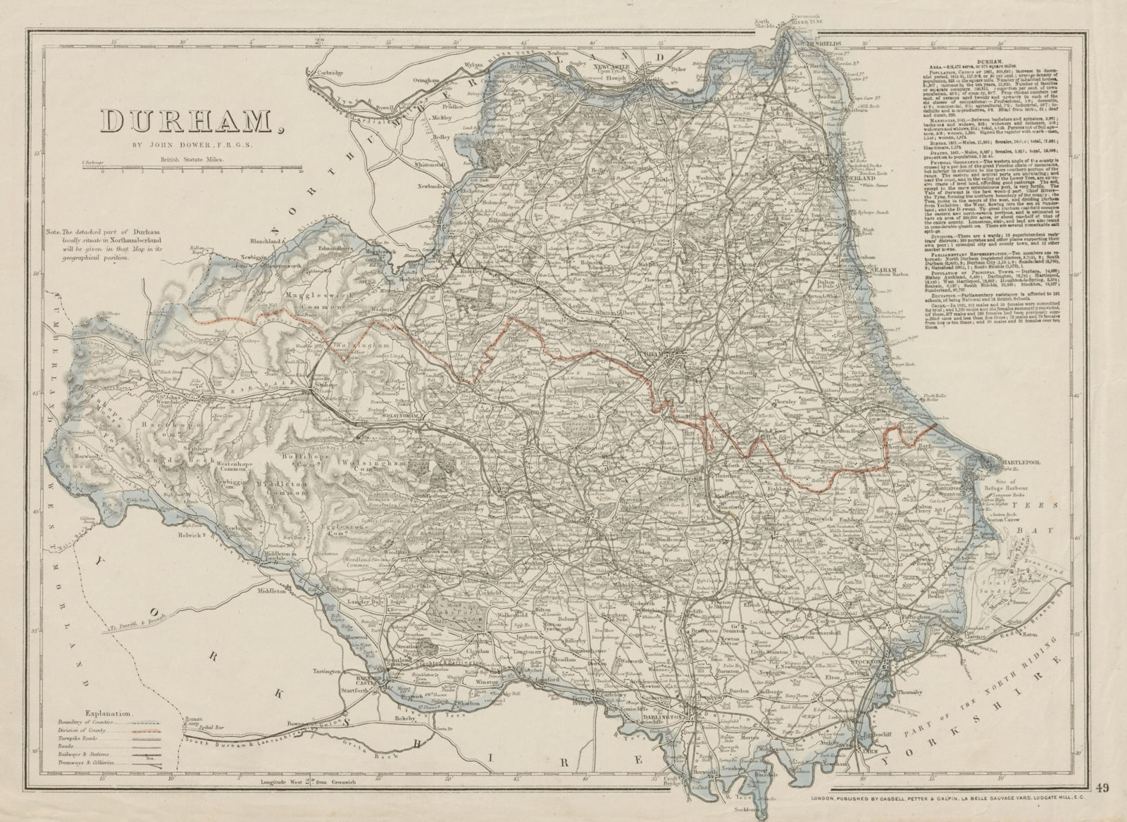 COUNTY DURHAM antique map. Sunderland Hartlepool. Railways. DOWER 1863 old