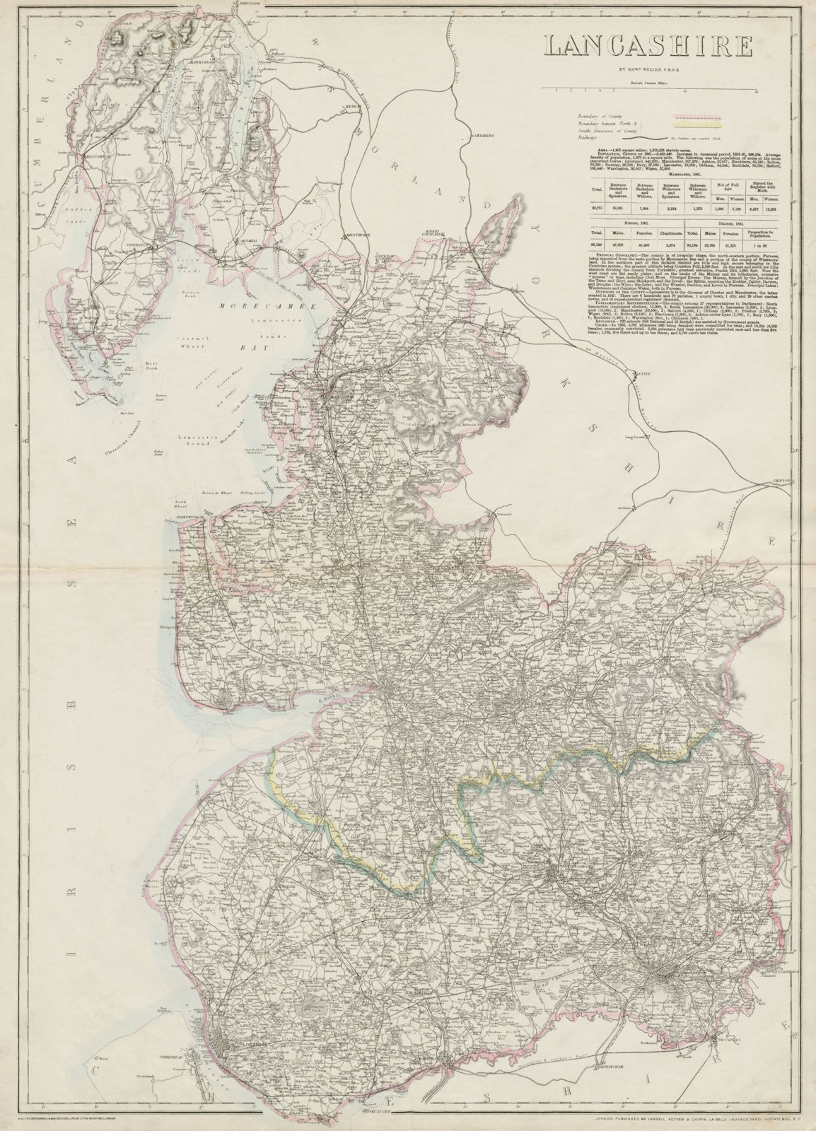 LANCASHIRE large antique county map. Railways. Dispatch atlas. WELLER 1863
