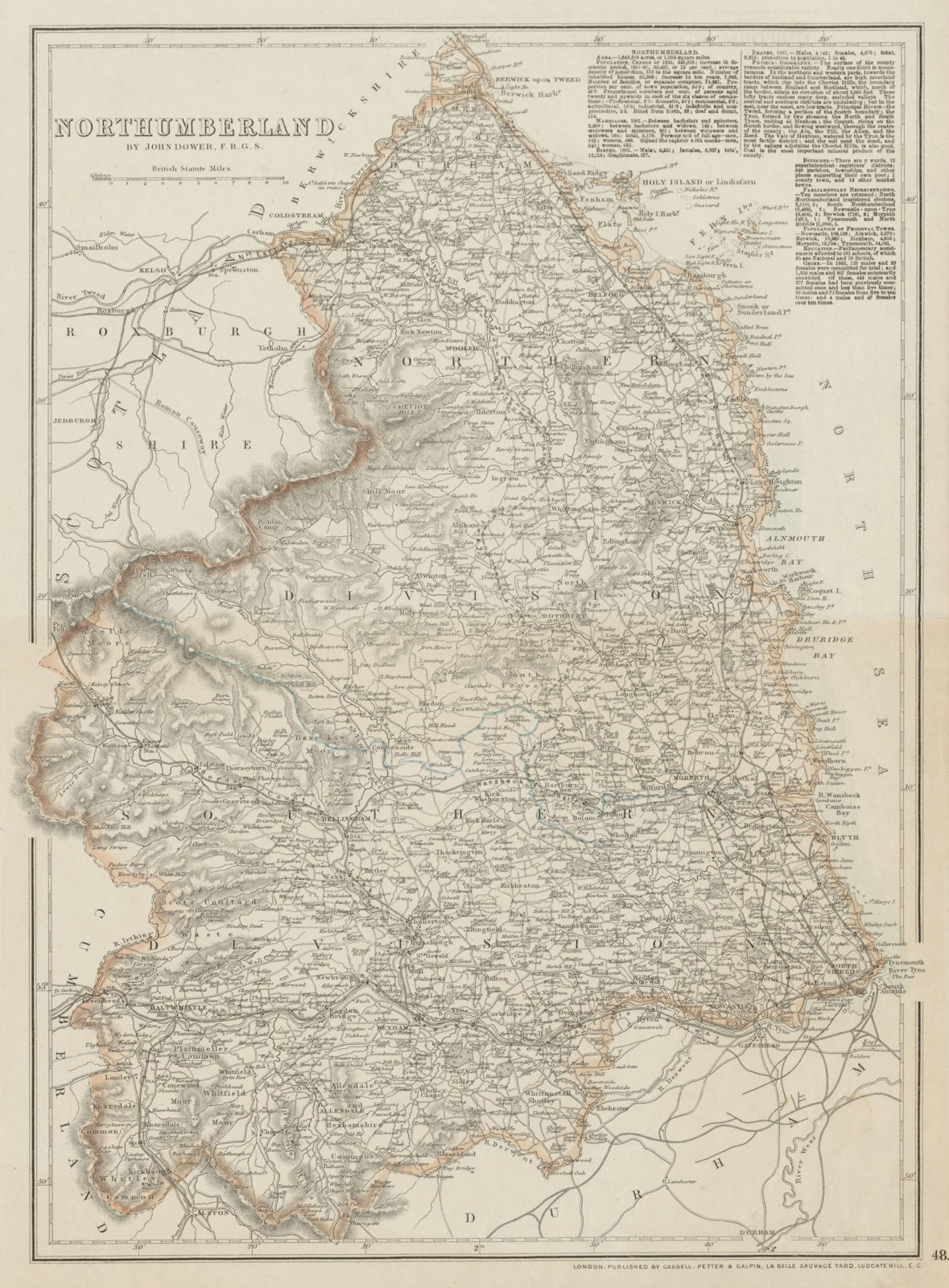 NORTHUMBERLAND county map. Railways Farne Islands Cheviot Hills. DOWER 1863