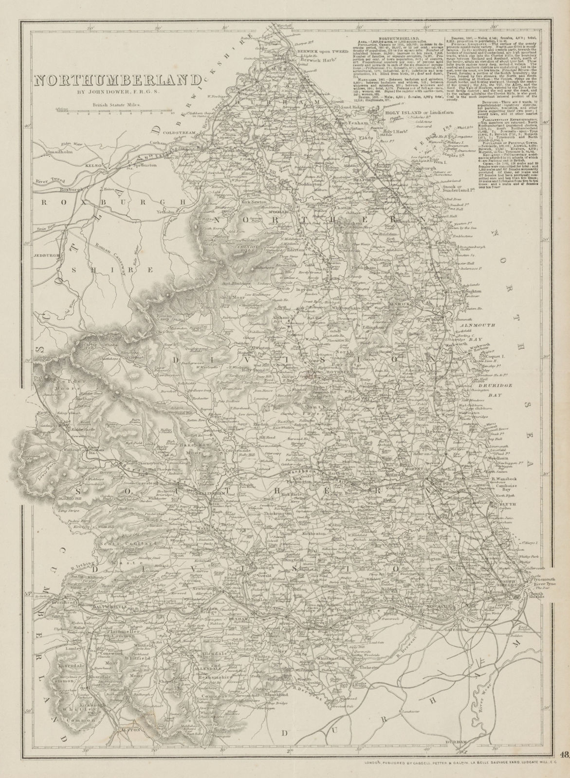 NORTHUMBERLAND county map. Railways Farne Islands Cheviot Hills. B/W. DOWER 1863