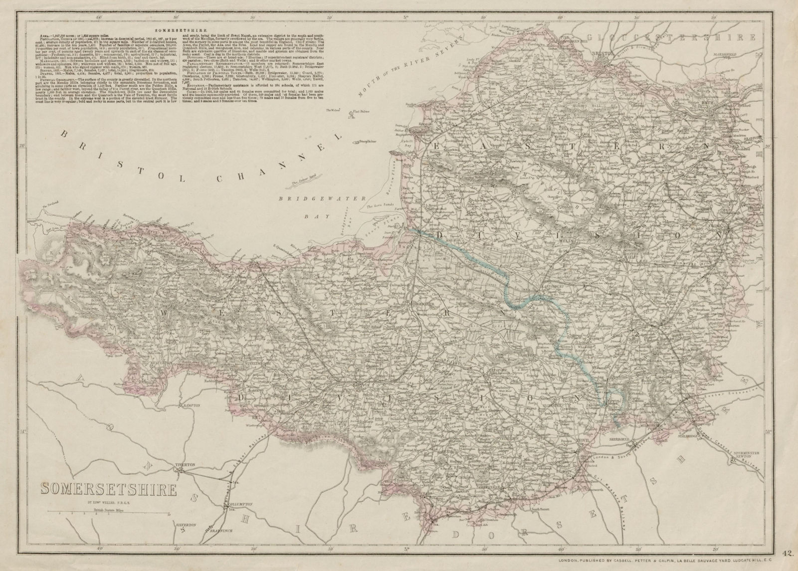 SOMERSETSHIRE antique county map. Railways. Exmoor & Mendips. WELLER 1863