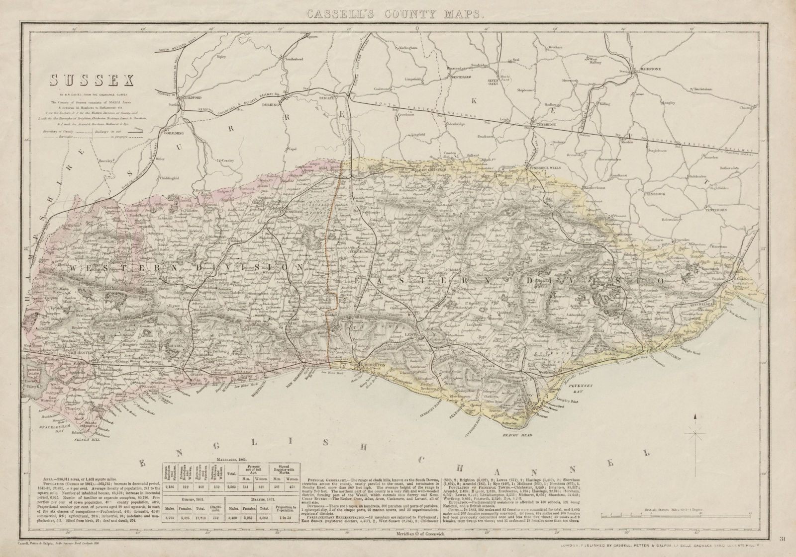 SUSSEX antique county map. Chichester Rye Brighton Horsham. BR DAVIES 1863