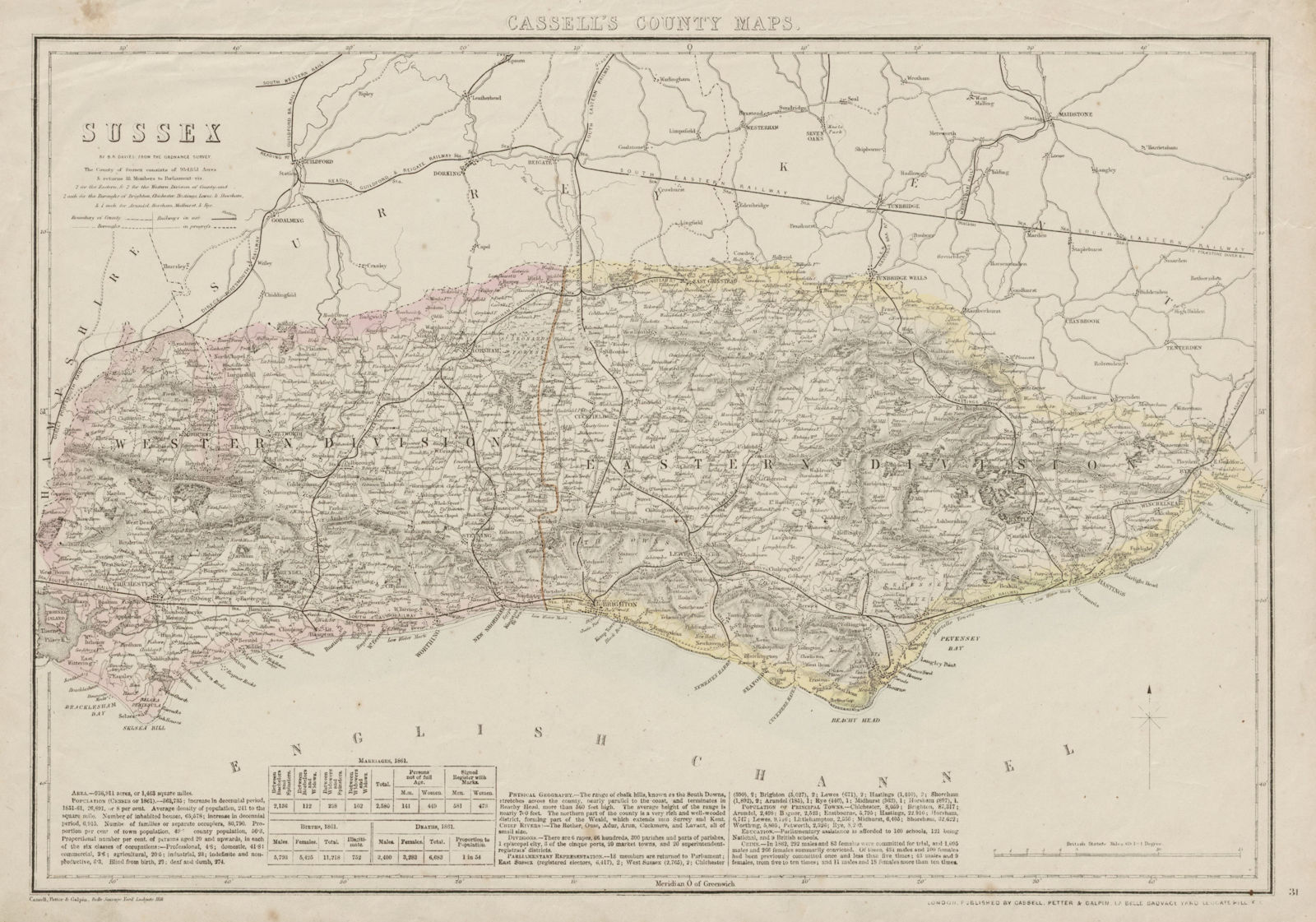 SUSSEX antique county map. Chichester Rye Brighton Horsham. BR DAVIES 1862