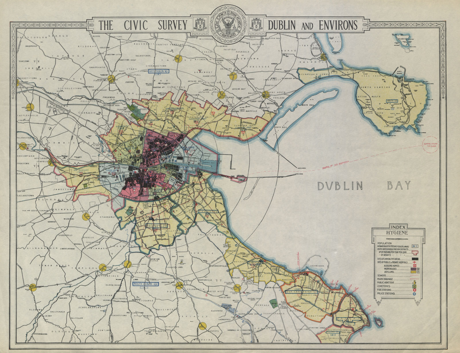 DUBLIN CIVIC SURVEY Hygiene Hospitals sewers death rate unhealthy areas 1925 map