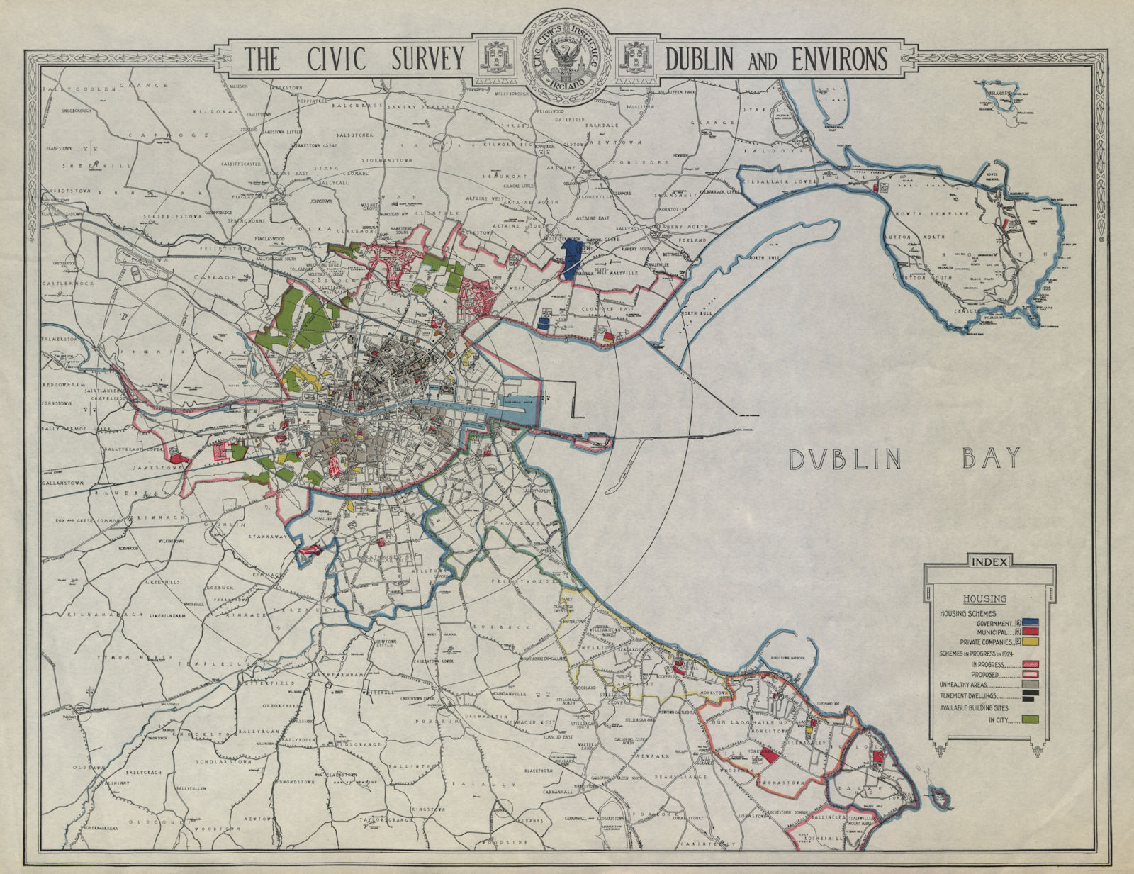 DUBLIN CIVIC SURVEY - Housing schemes tenements unhealthy areas sites 1925 map