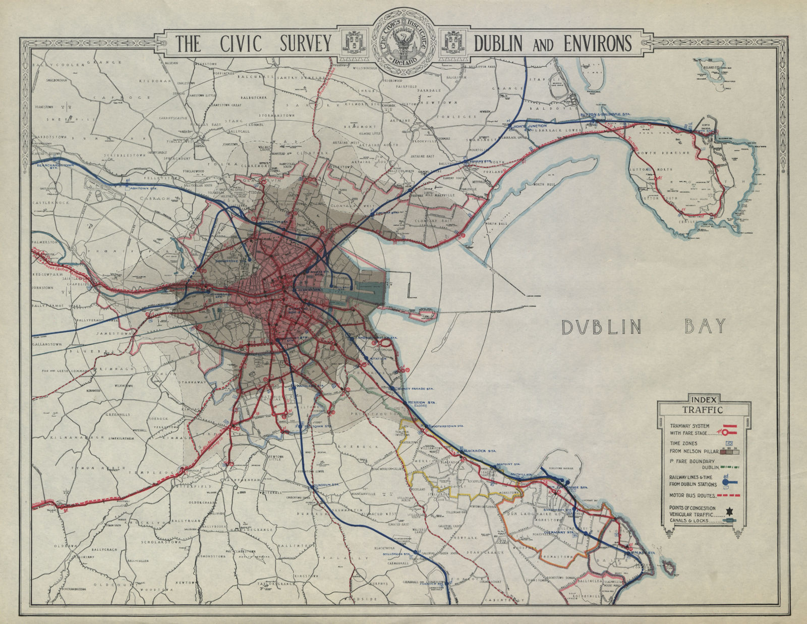 DUBLIN CIVIC SURVEY Public transport. Tramway railway system Bus routes 1925 map