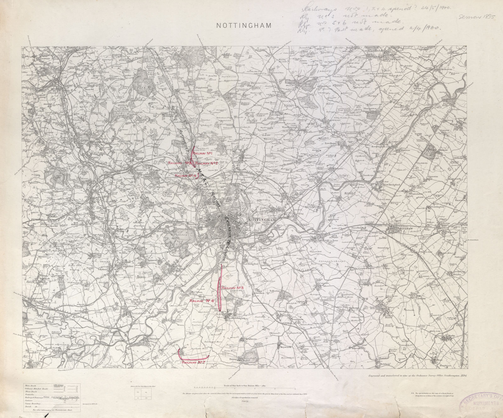MS&LR/Great Central Railway planning map. Nottingham. ORDNANCE SURVEY 1894