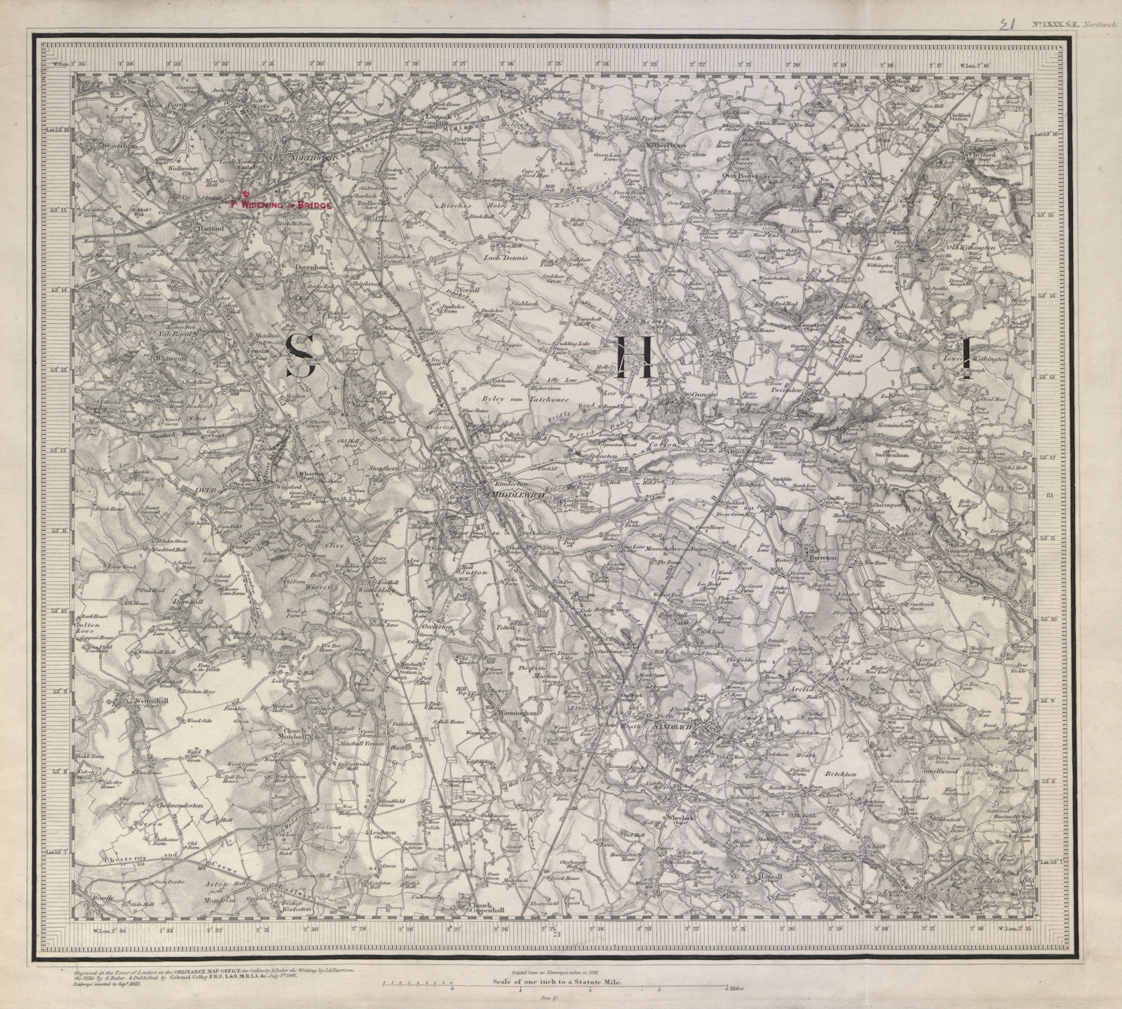 Middlewich Northwich Sandbach ORDNANCE SURVEY #80 SE 1882 old antique map