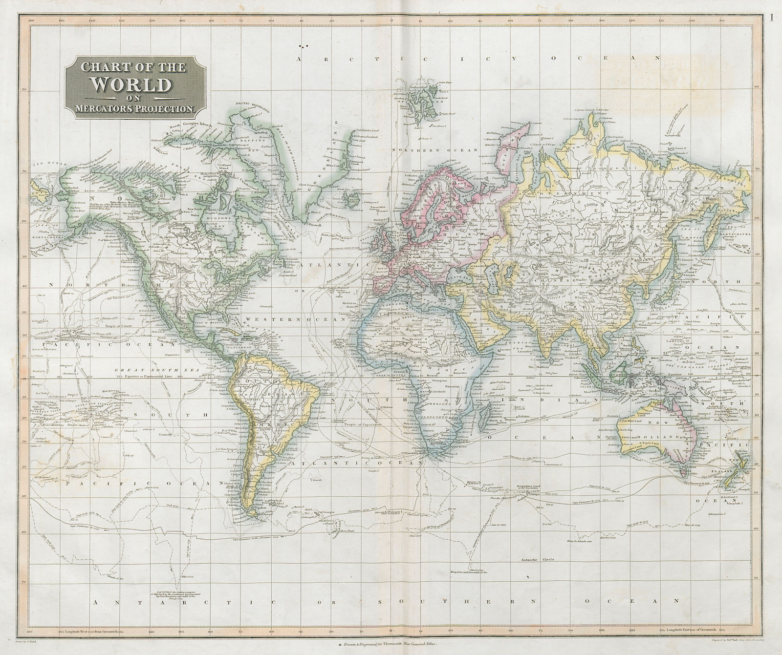 Chart of the World on Mercator’s Projection. Explorers’ routes. THOMSON