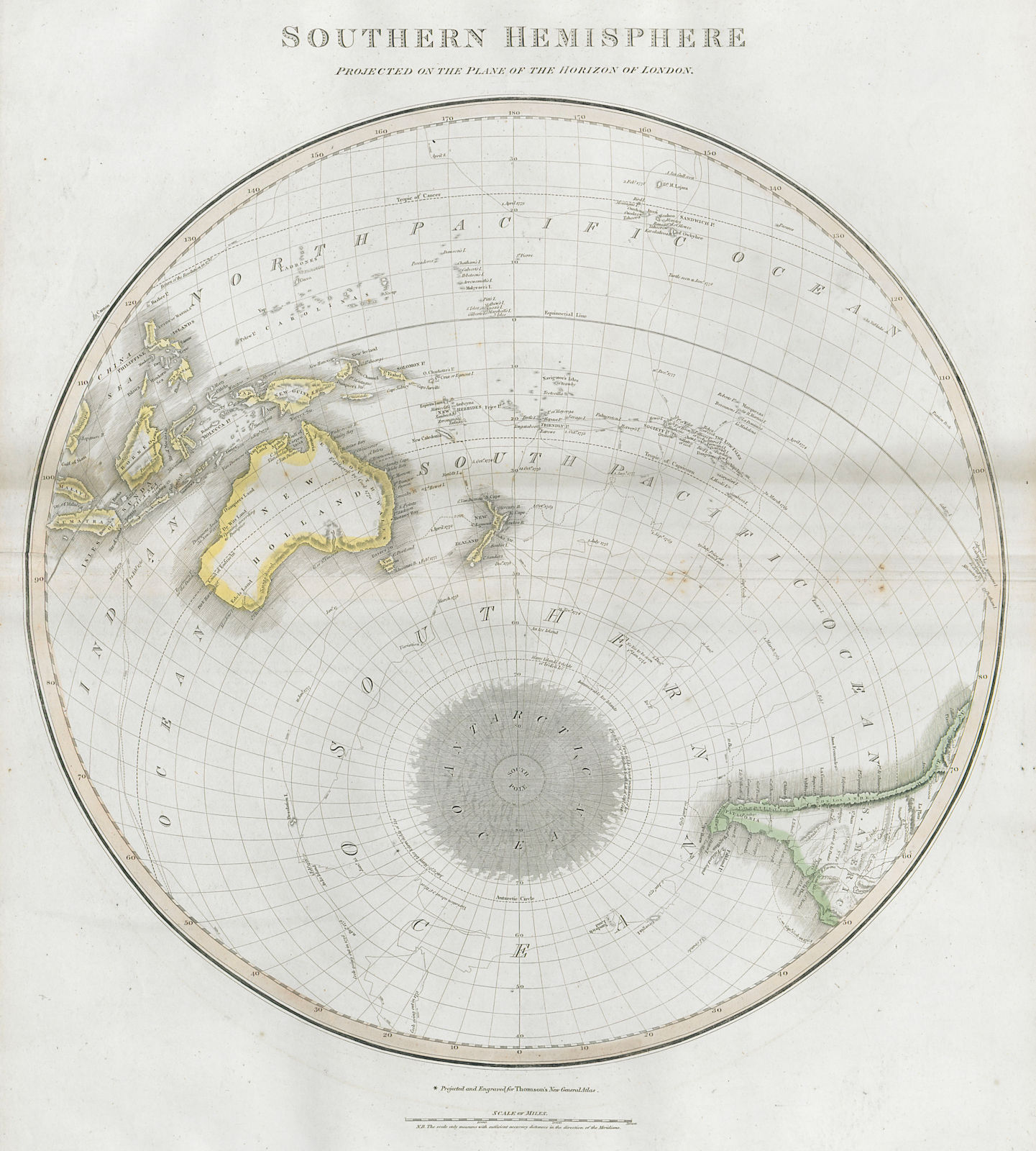 "Southern hemisphere… on the plane of the horizon of London". THOMSON 1830 map