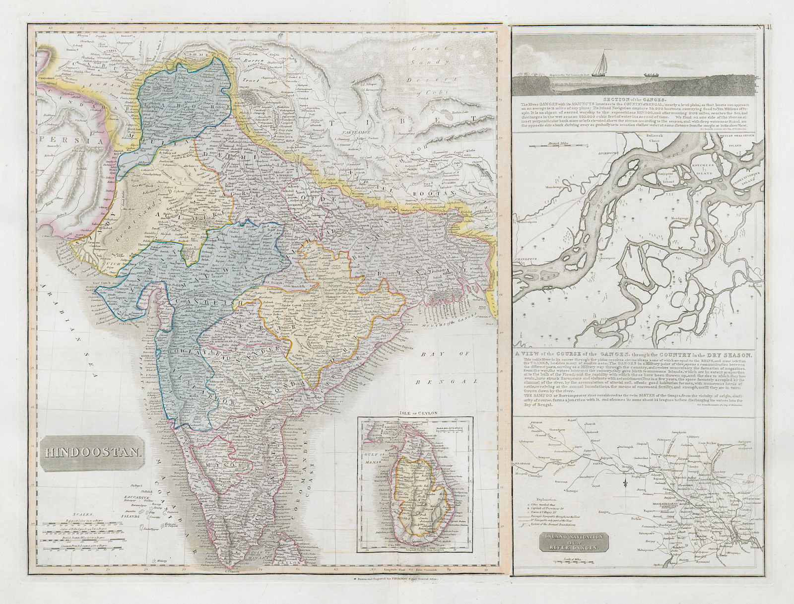 "Hindoostan". British India Ceylon Sri Lanka. Ganges navigation THOMSON 1830 map