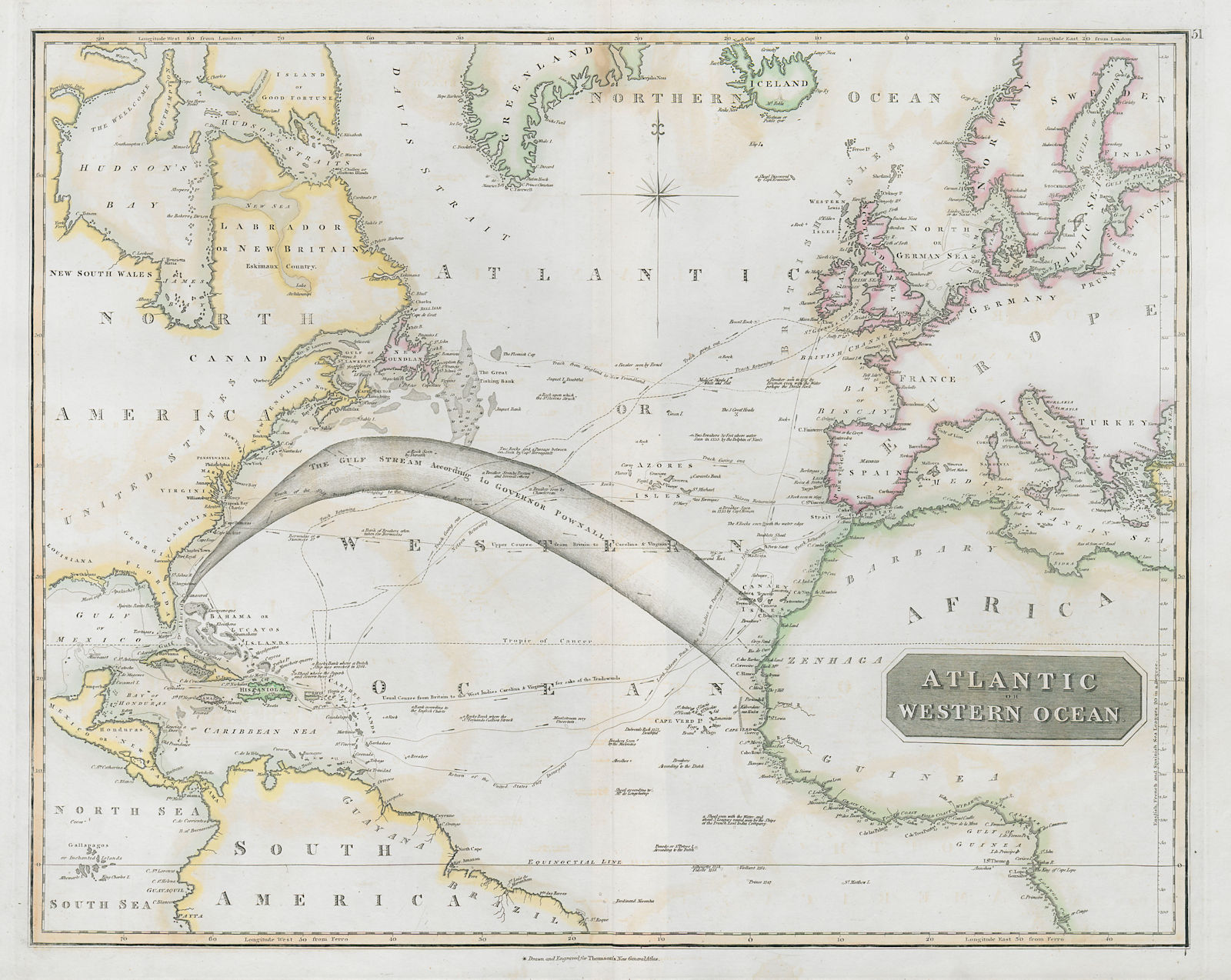 Atlantic or Western Ocean. Gulf Stream, Nelson's & trade routes THOMSON 1830 map