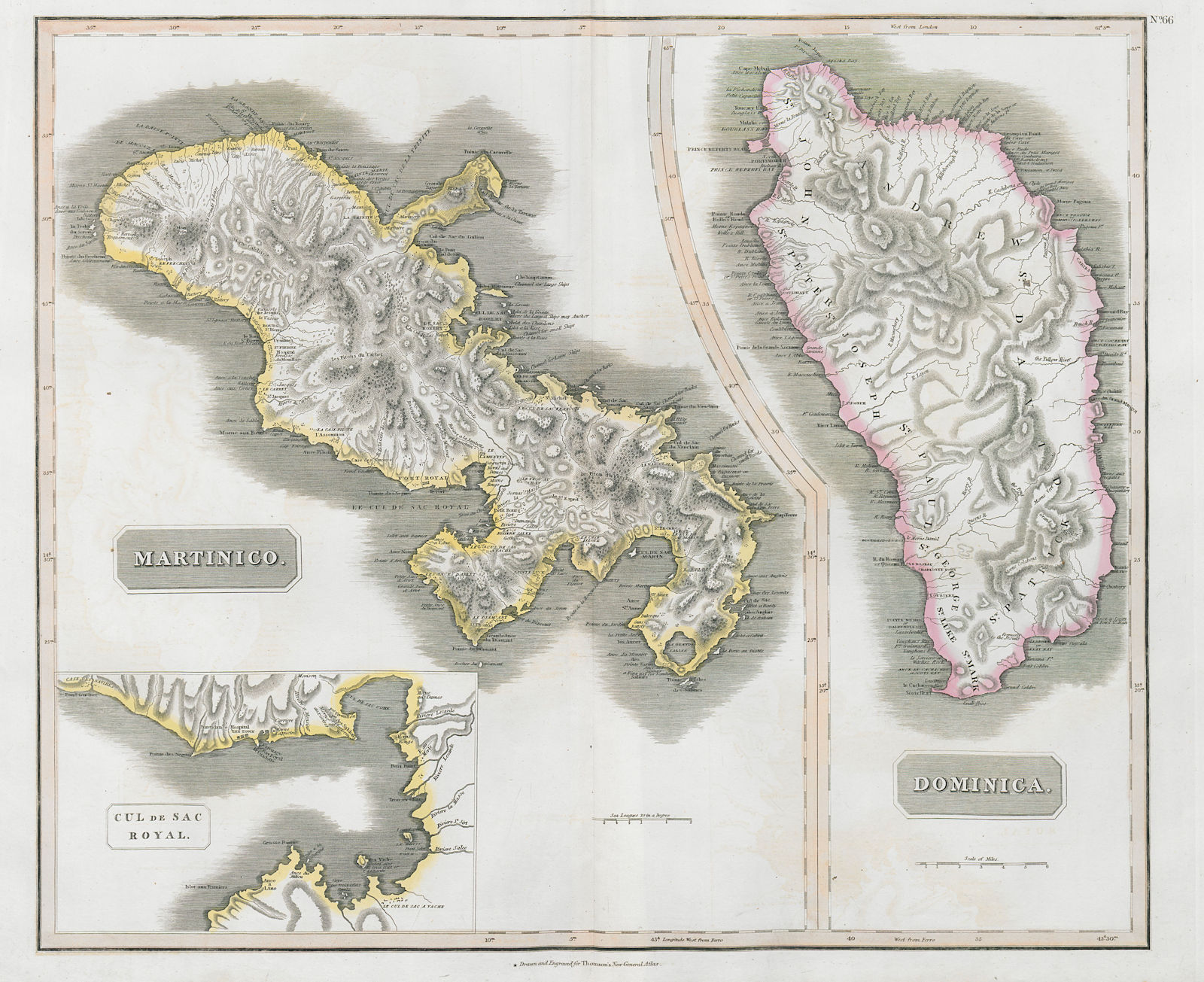 Dominica & "Martinico" (Martinique). Fort-de-France bay. THOMSON 1830 old map