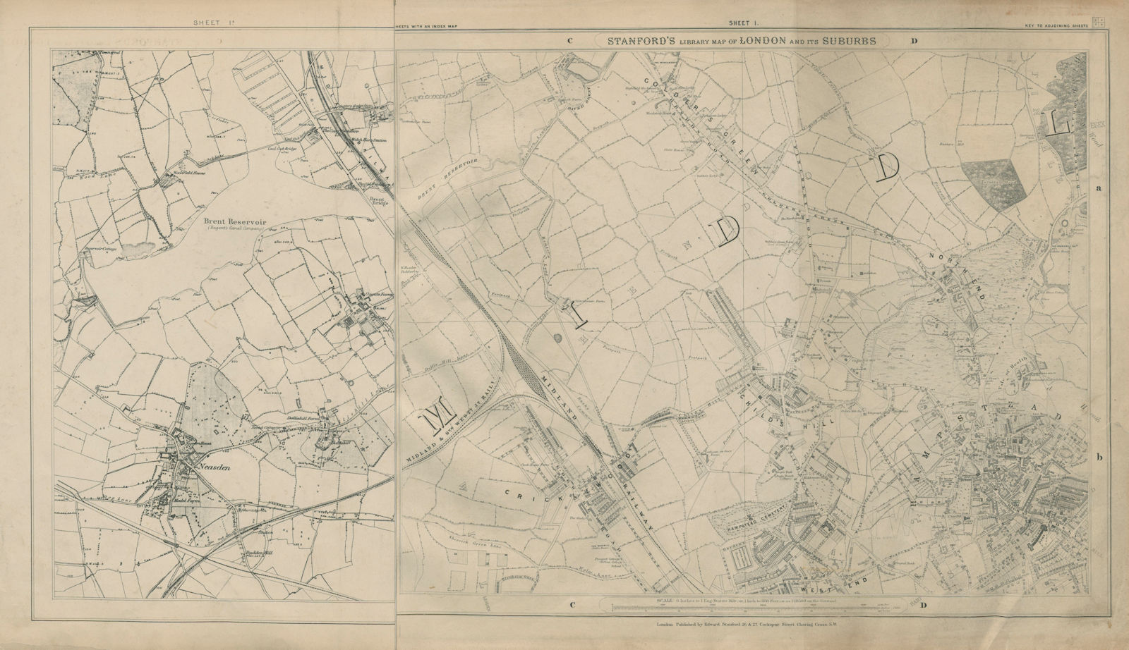 Associate Product Stanford Library map of London Sheet 1/a Hampstead Golder's Grn Cricklewood 1895