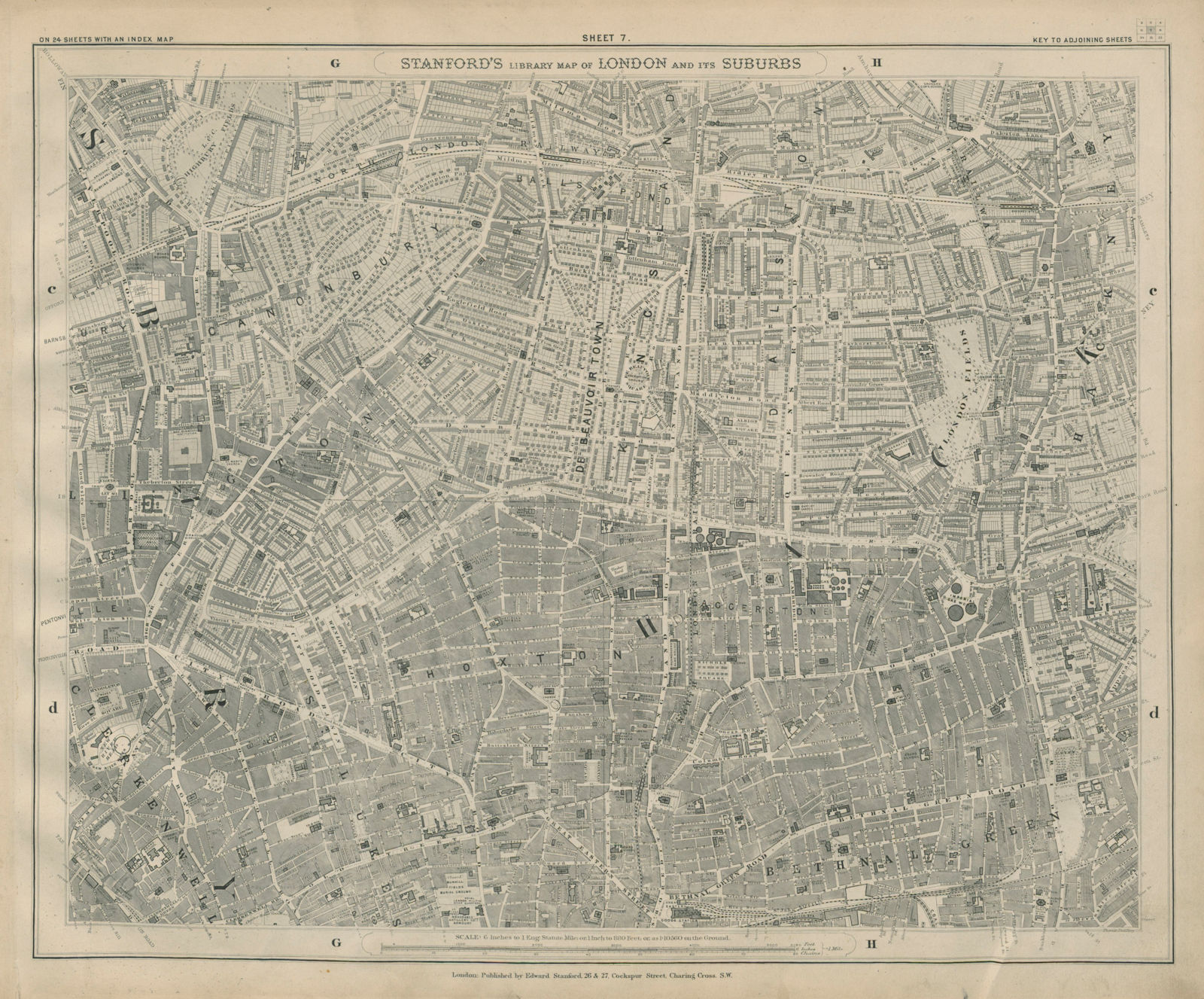 Stanford Library map of London Sheet 7 Hoxton Dalston Hackney Bethnal Green 1895