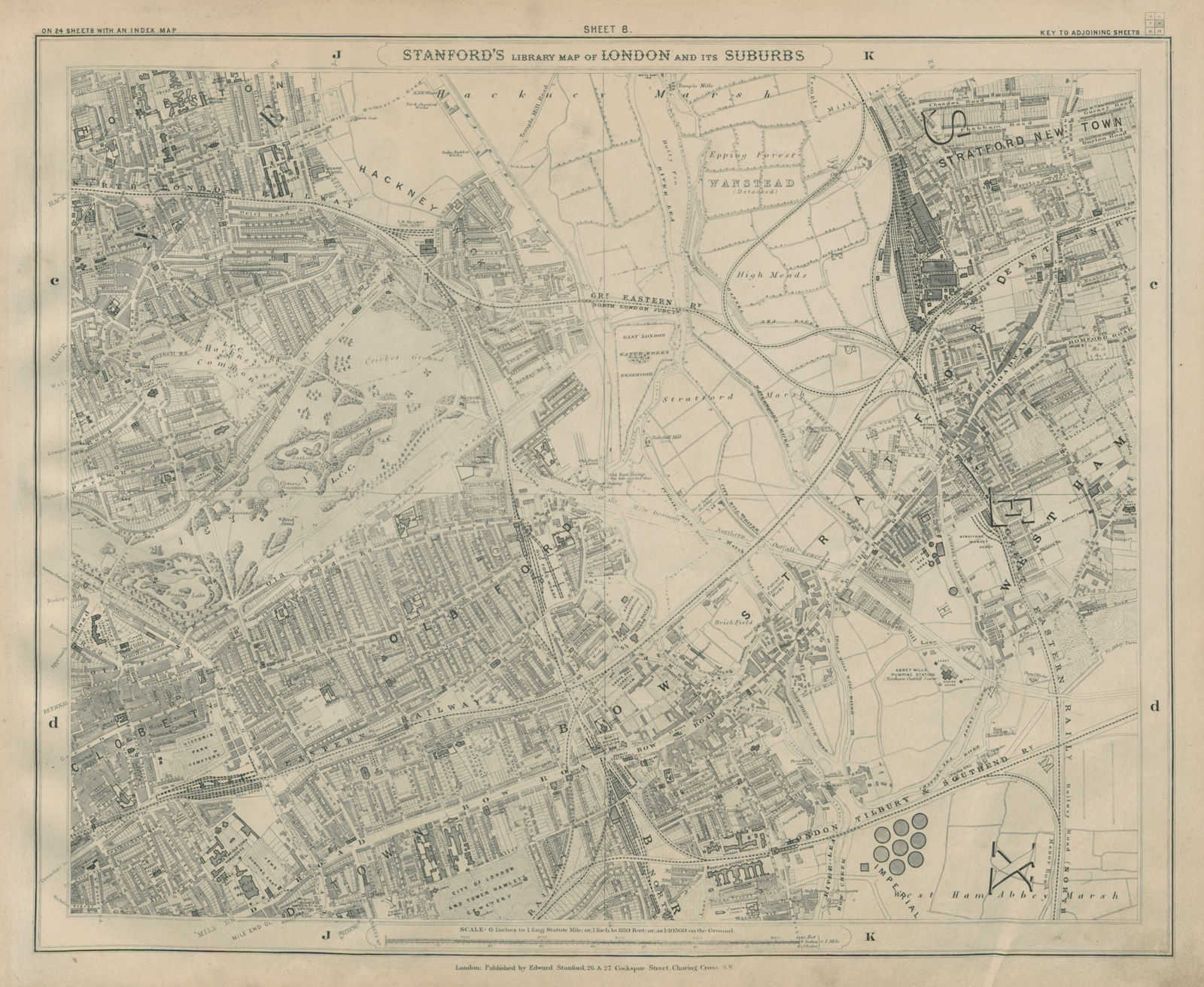 Associate Product Stanford Library map of London Sheet 8 Hackney Wick Bow Stratford West Ham 1895