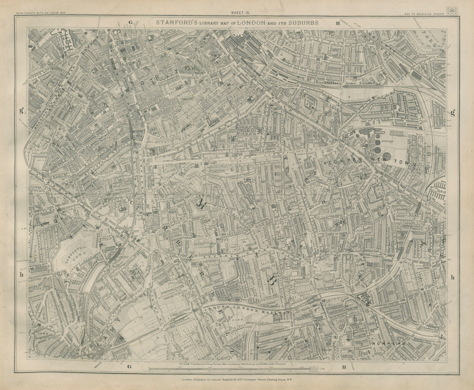 Associate Product Stanford Library map of London Sheet 15 Walworth Camberwell Peckham 1895