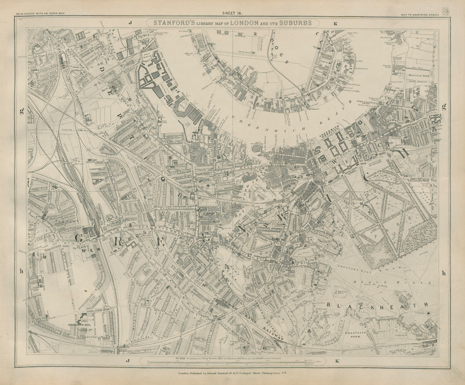 Stanford Library map of London Sheet 16 Deptford Greenwich Blackheath New X 1895