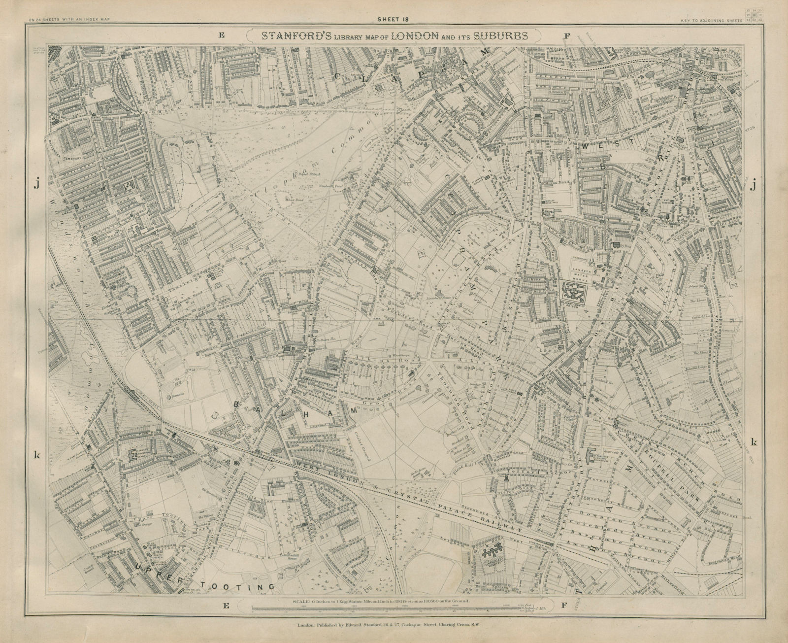 Stanford Library map of London Sheet 18 Clapham Balham Tooting Brixton 1895