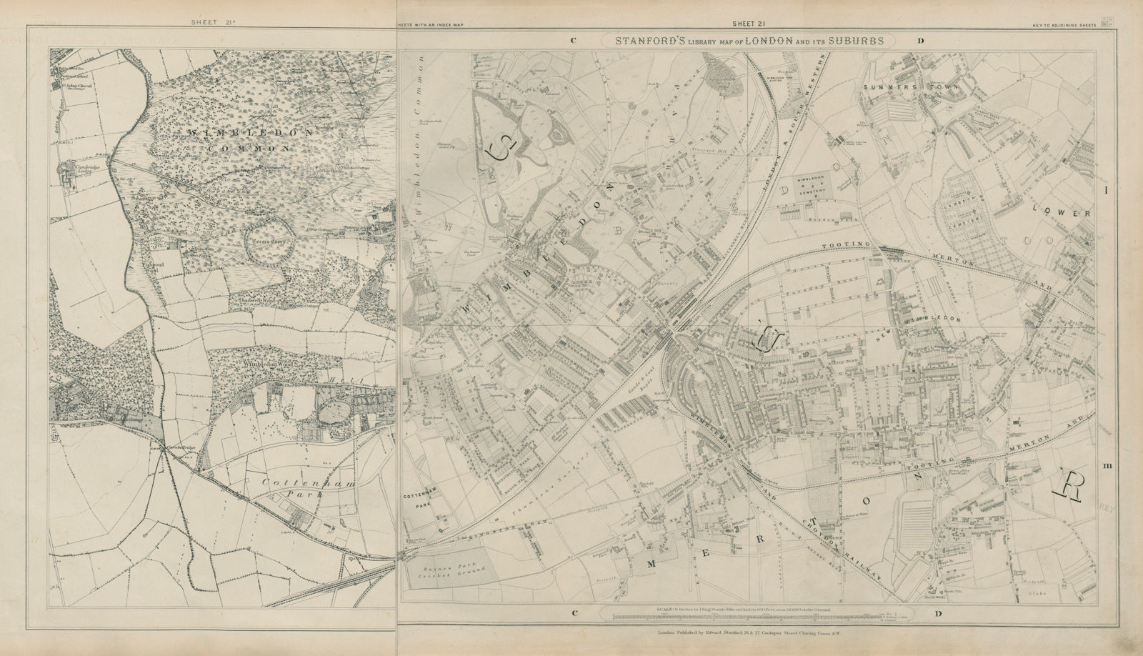 Stanford Library map of London Sheet 21/21a Wimbledon Cottenham Park Merton 1895