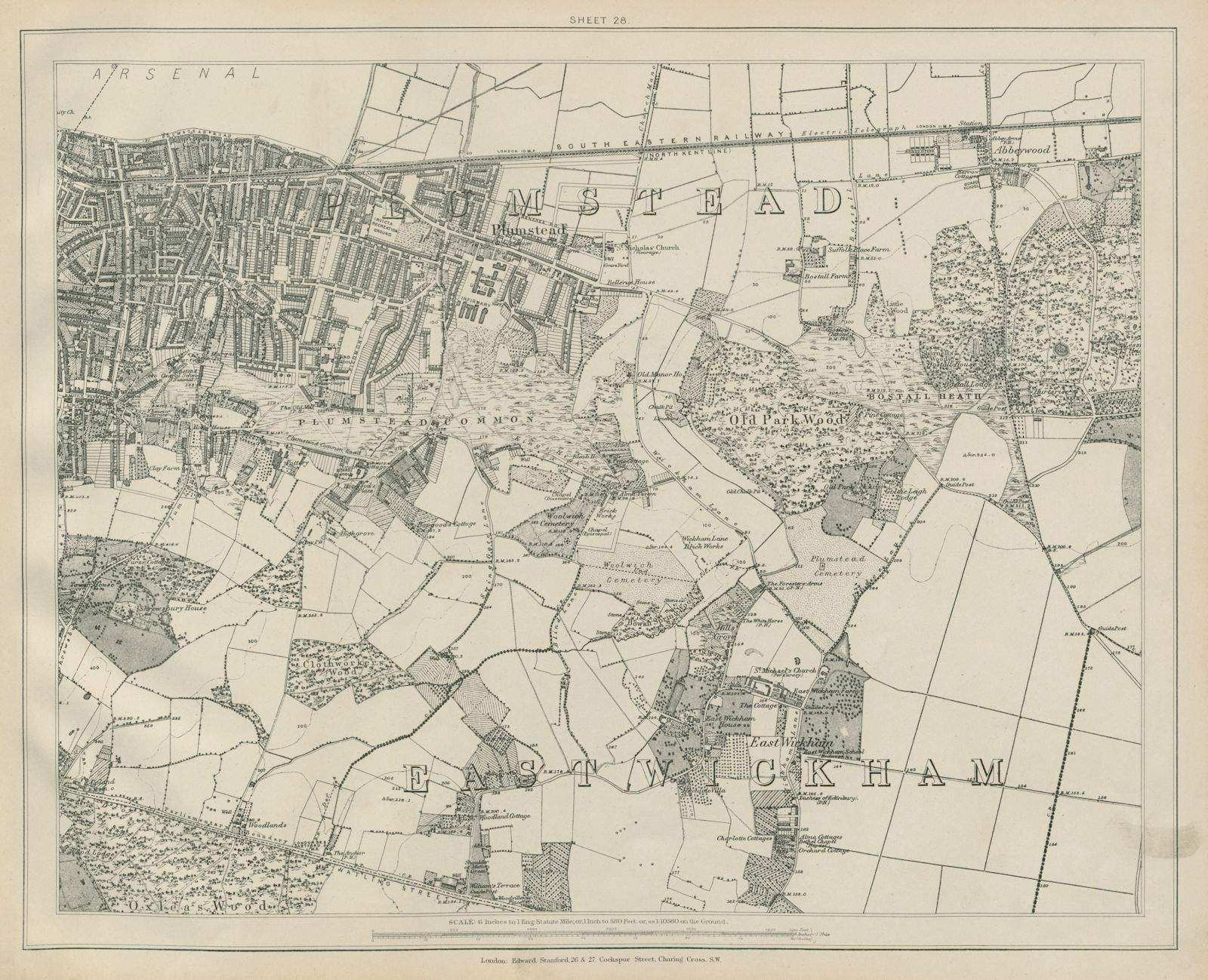 Associate Product Stanford Library map of London Sheet 28 Plumstead East Wickham Abbey Wood 1895