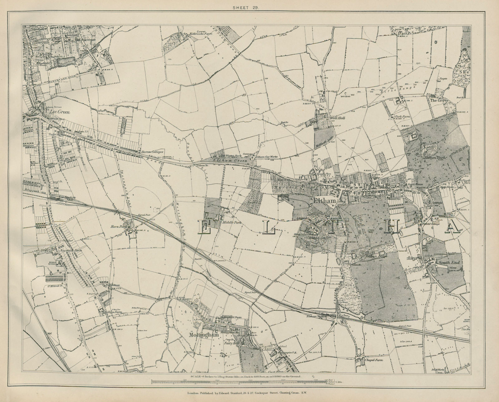 Stanford Library map of London Sheet 29 Eltham Mottingham Blackheath Lee 1895