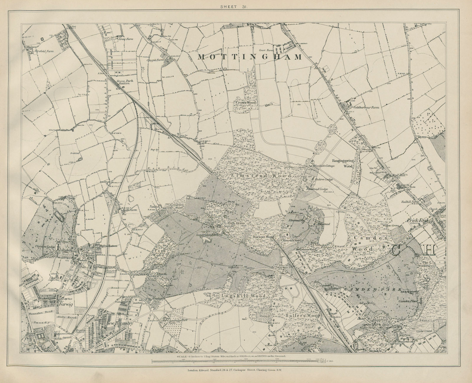 Associate Product Stanford Library map of London Sheet 31 Mottingham Chislehurst Bromley 1895