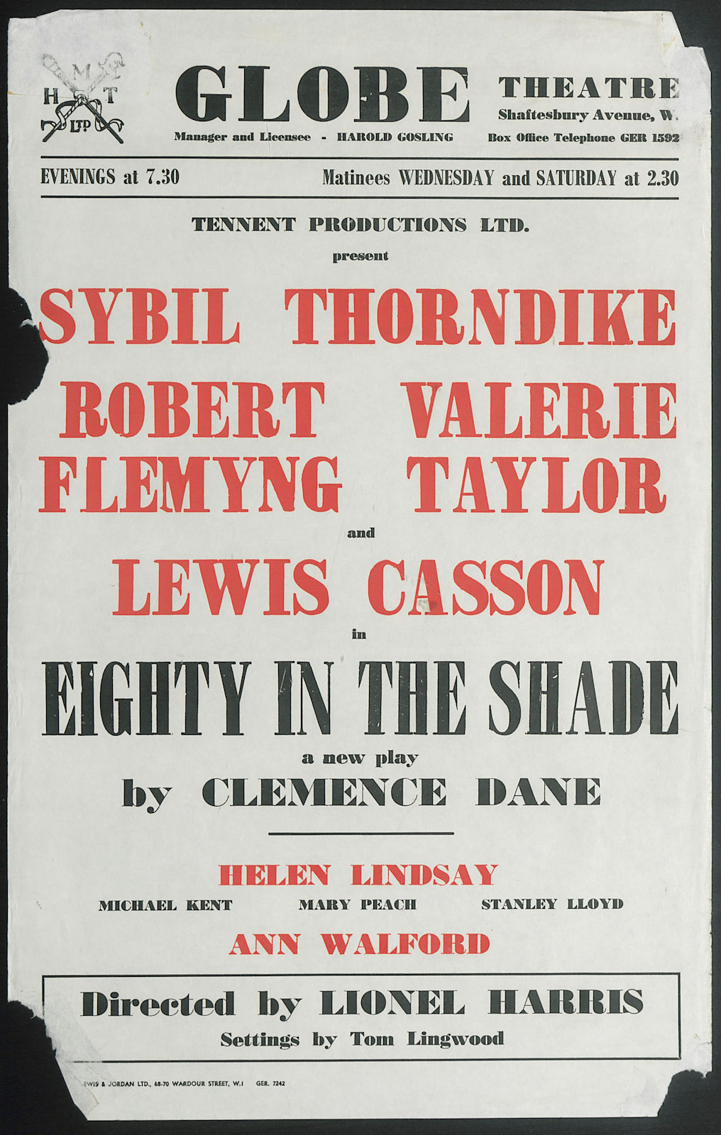 Associate Product Globe Theatre. Eighty in the Shade. Clement Dane. Sybil Thorndike. Flemyng 1959