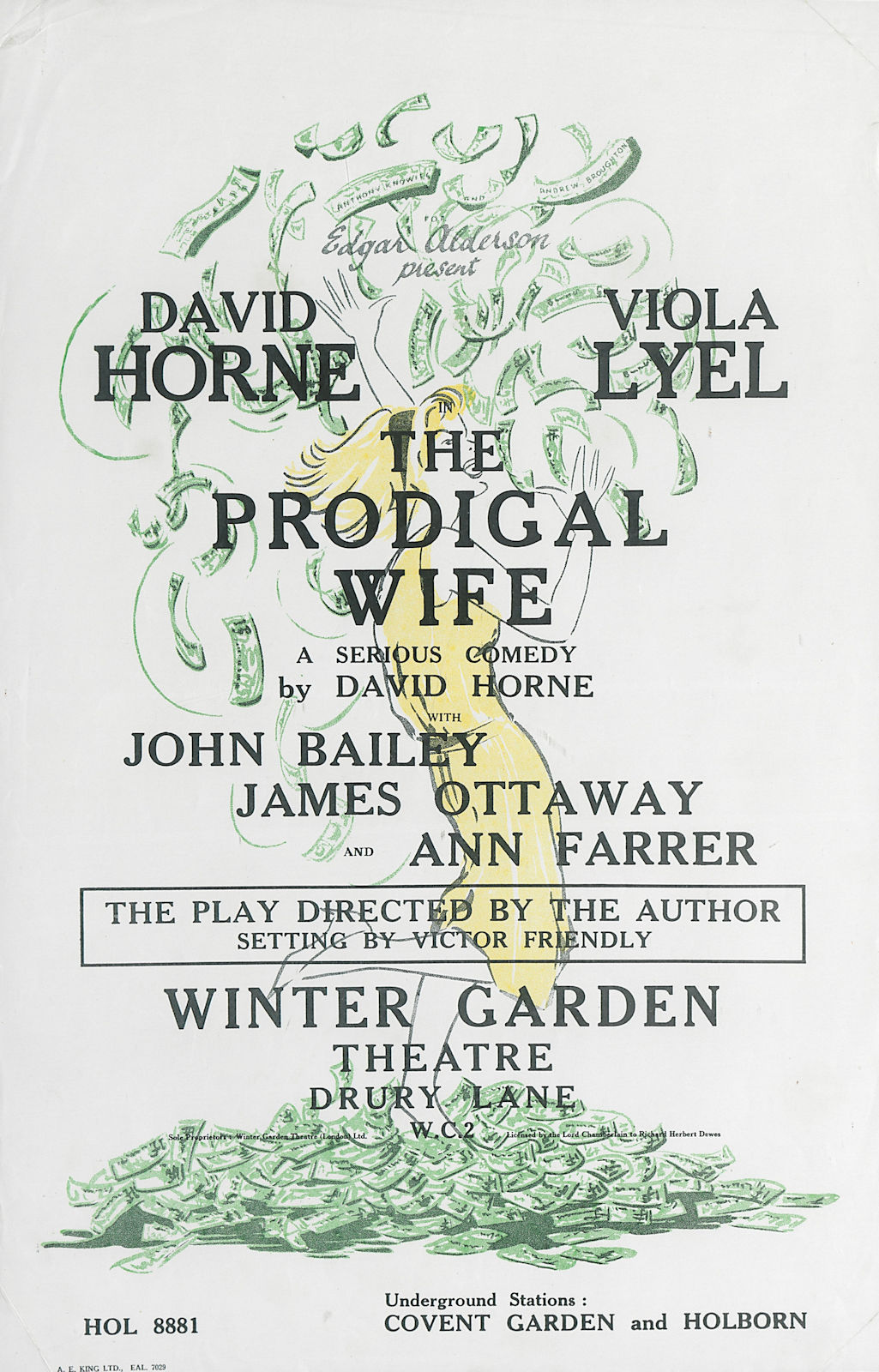 Winter Garden Theatre. The Prodigal Wife. Horne. Viola Lyel, James Ottaway 1959