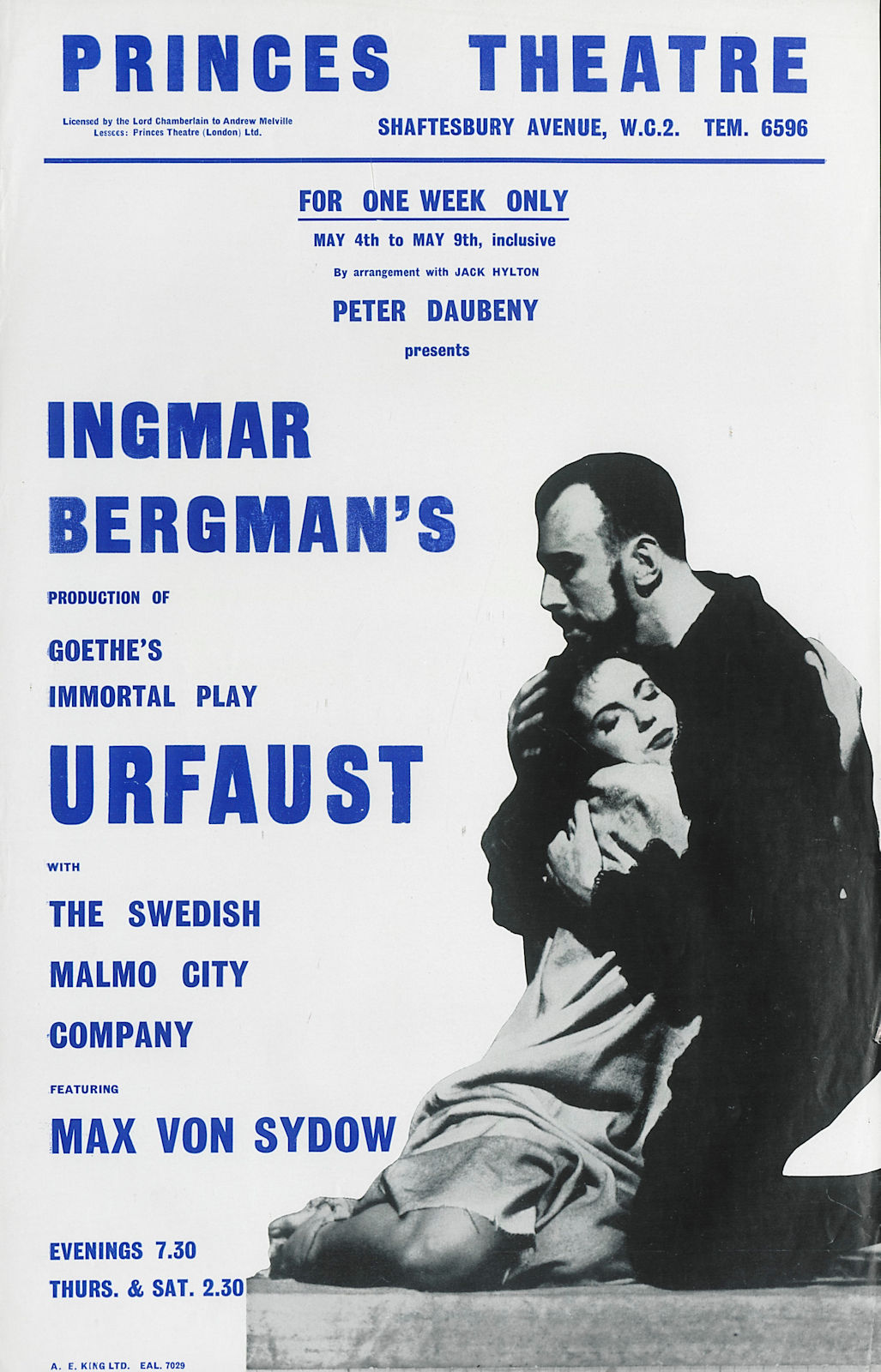 Princes Theatre. Urfaust. Max Von Sydow. Malmo City. Ingmar Bergman Goethe 1959