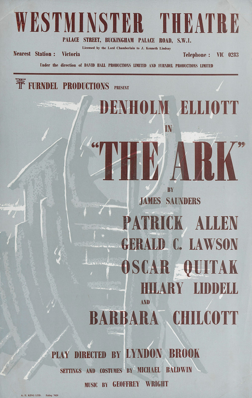 Associate Product Westminster Theatre. The Ark. James Saunders. Denholm Elliott. Lyndon Brook 1959