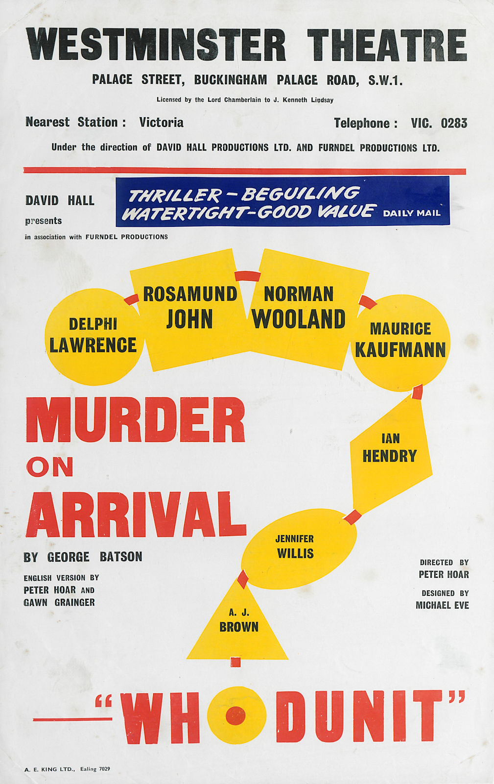 Associate Product Westminster Theatre. Murder on Arrival. George Batson. Rosamund John. Hoar 1959