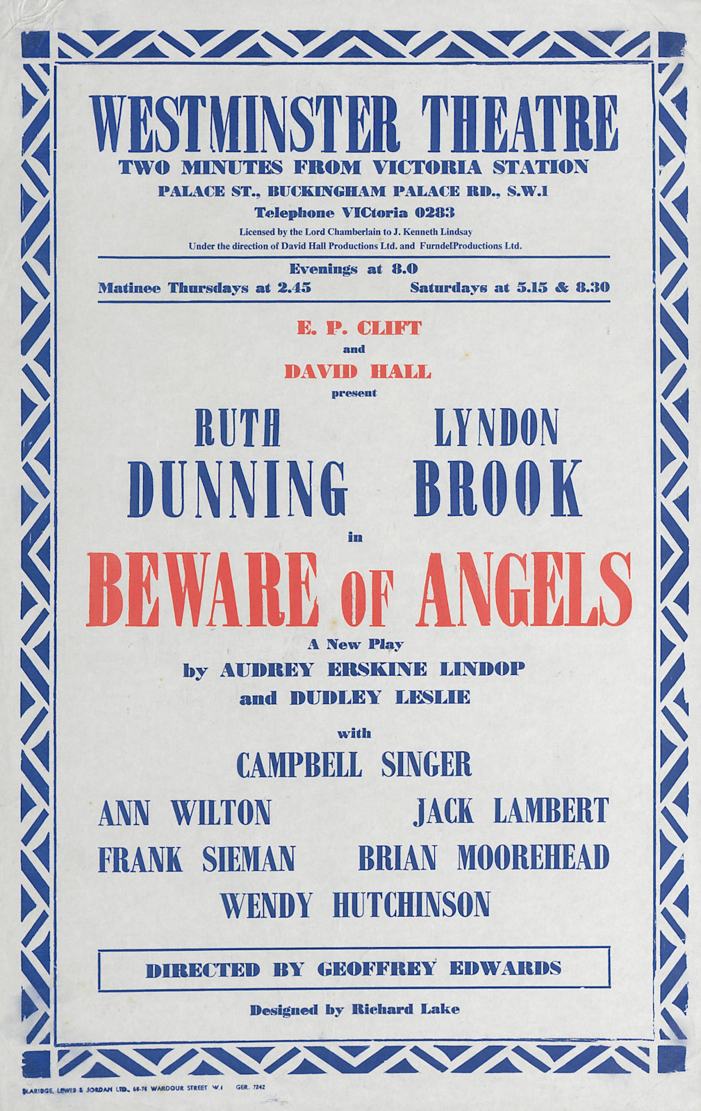 Associate Product Westminster Theatre. Beware of Angels. Lindop. Ruth Dunning, Lyndon Brook 1959