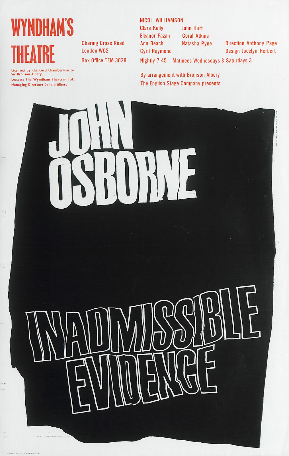 Associate Product Wyndham's Theatre. John Osborne. Inadmissible Evidence. Nicol Williamson 1965